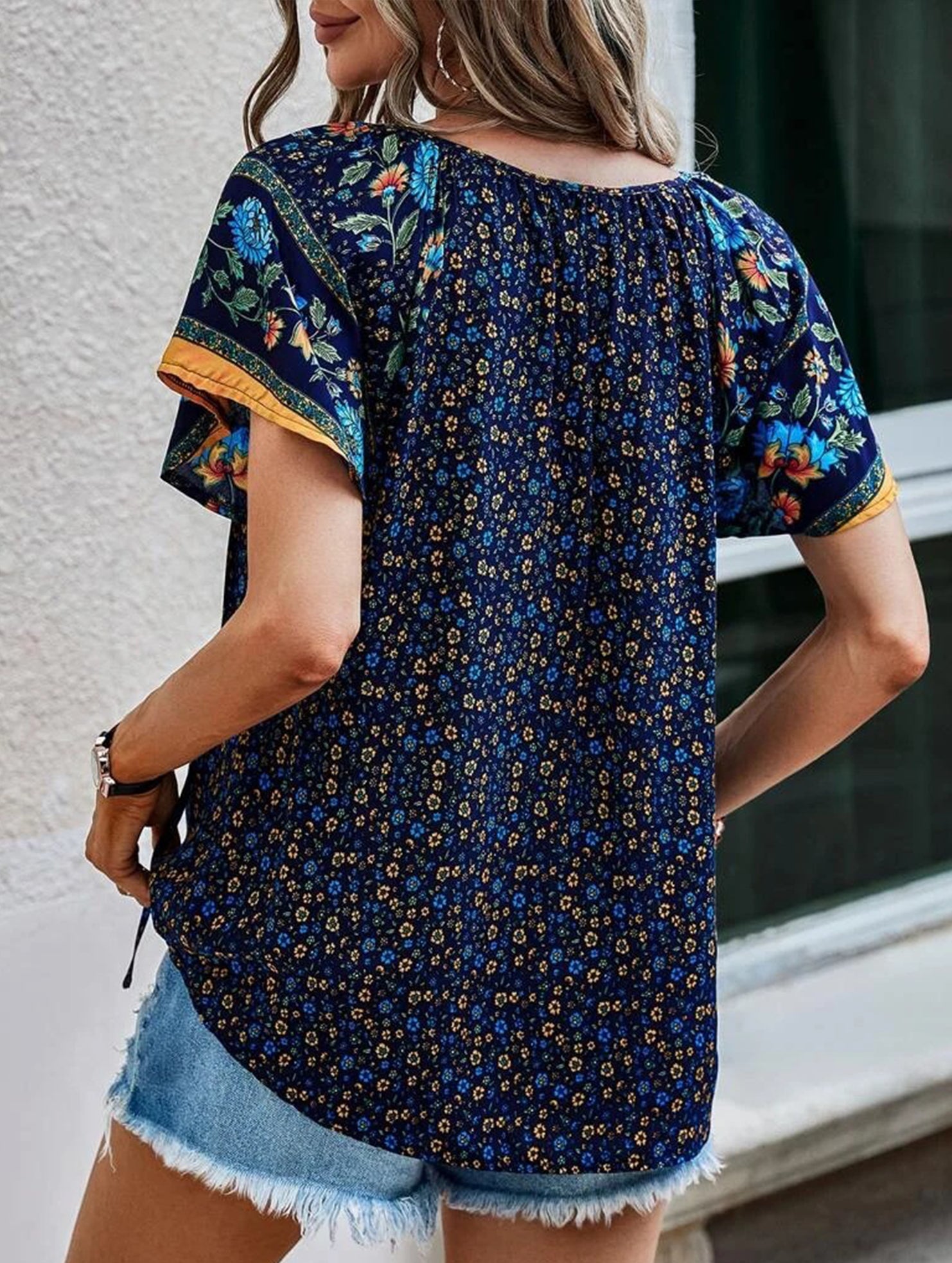 Casual Ethnic Style Printed V-Neck Short-Sleeve Loose shirt