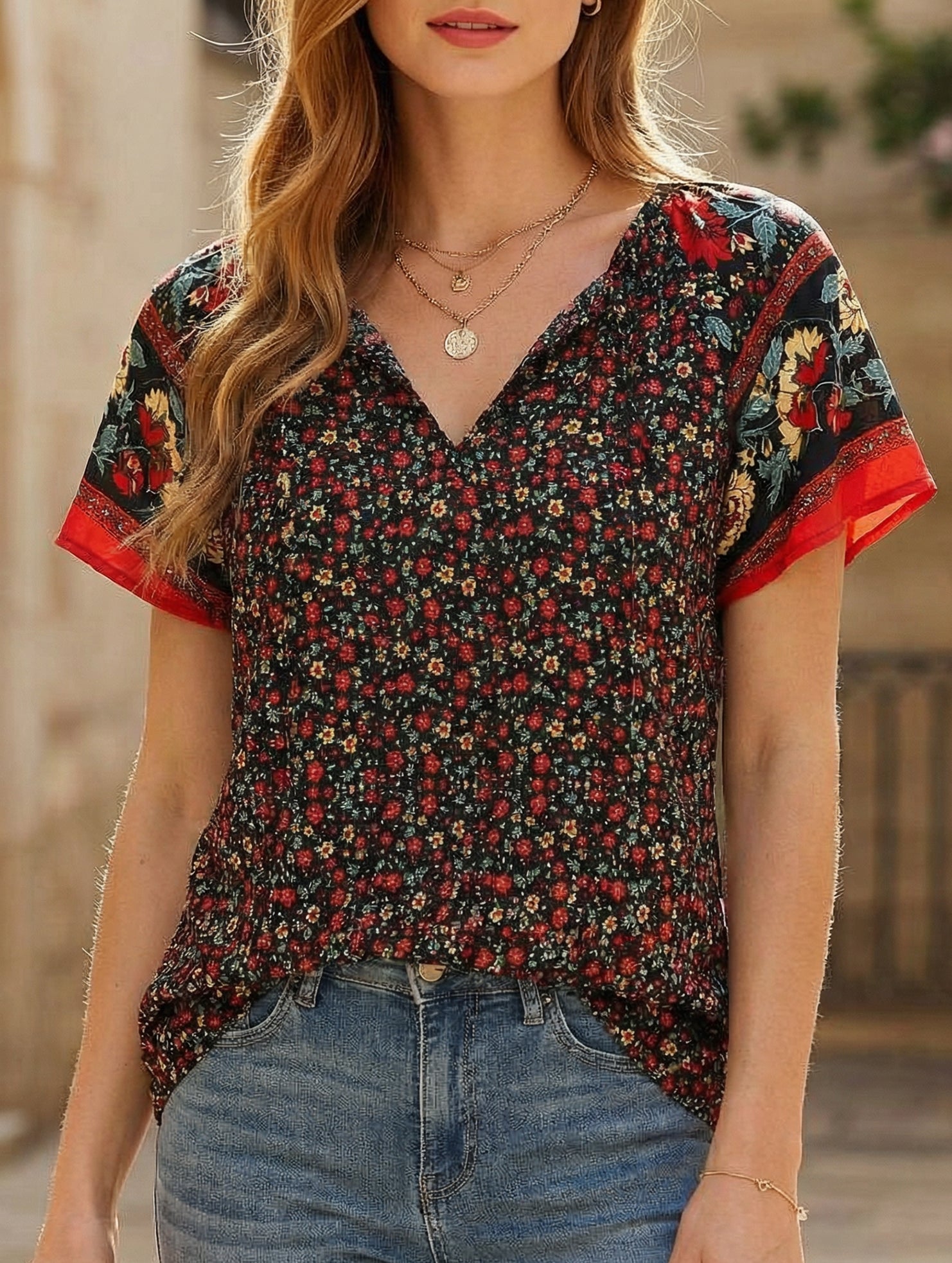 Casual Ethnic Style Printed V-Neck Short-Sleeve Loose shirt