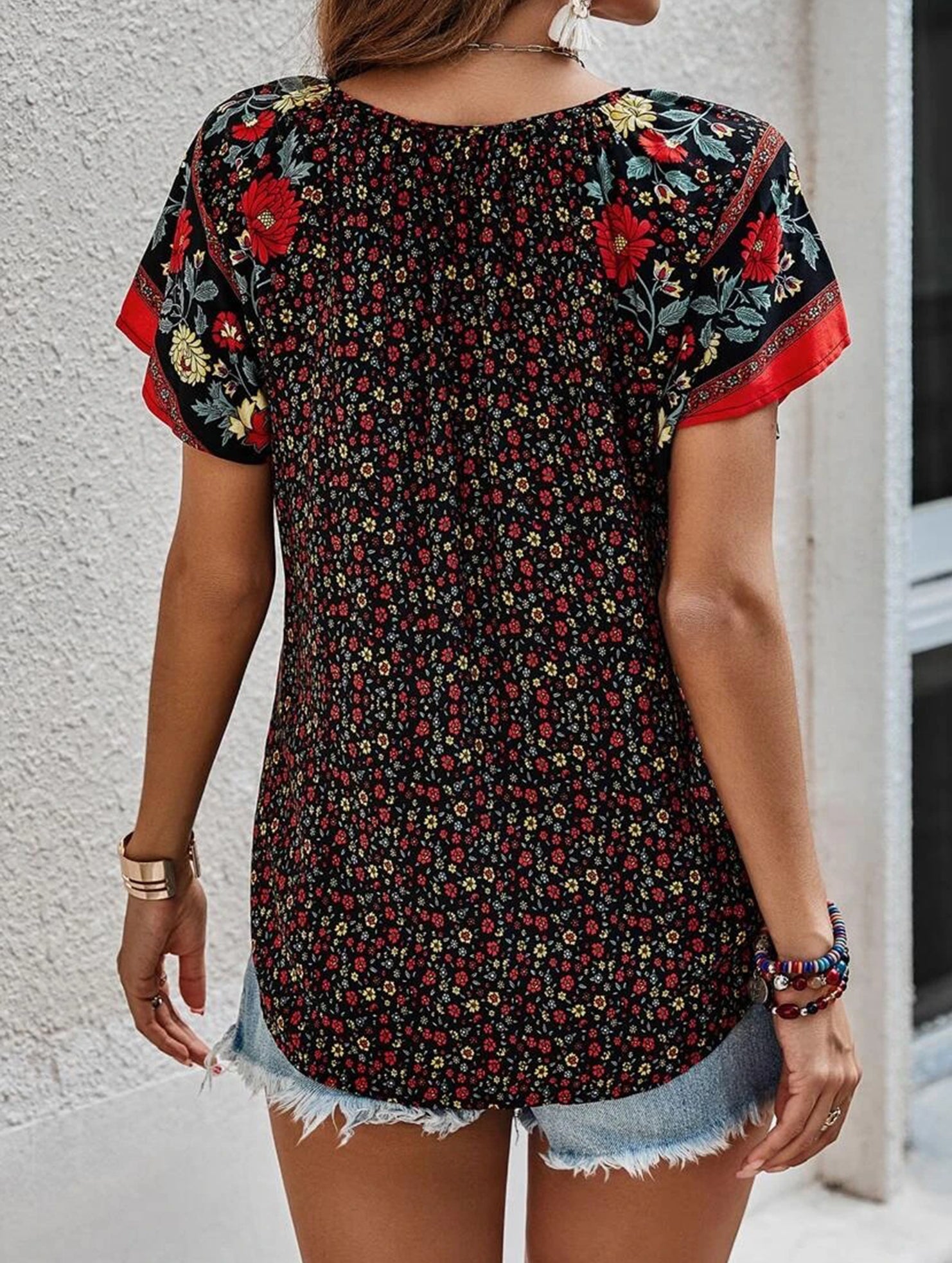 Casual Ethnic Style Printed V-Neck Short-Sleeve Loose shirt