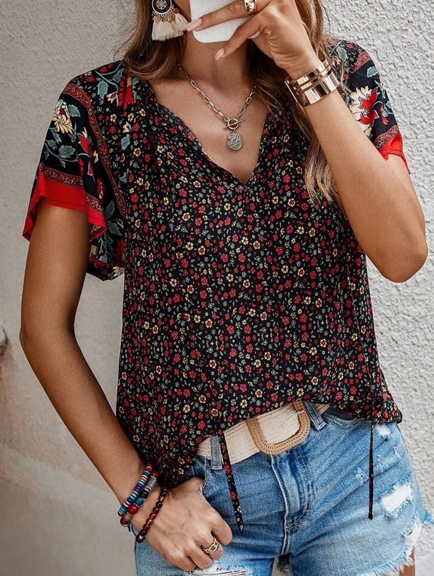 Casual Ethnic Style Printed V-Neck Short-Sleeve Loose shirt