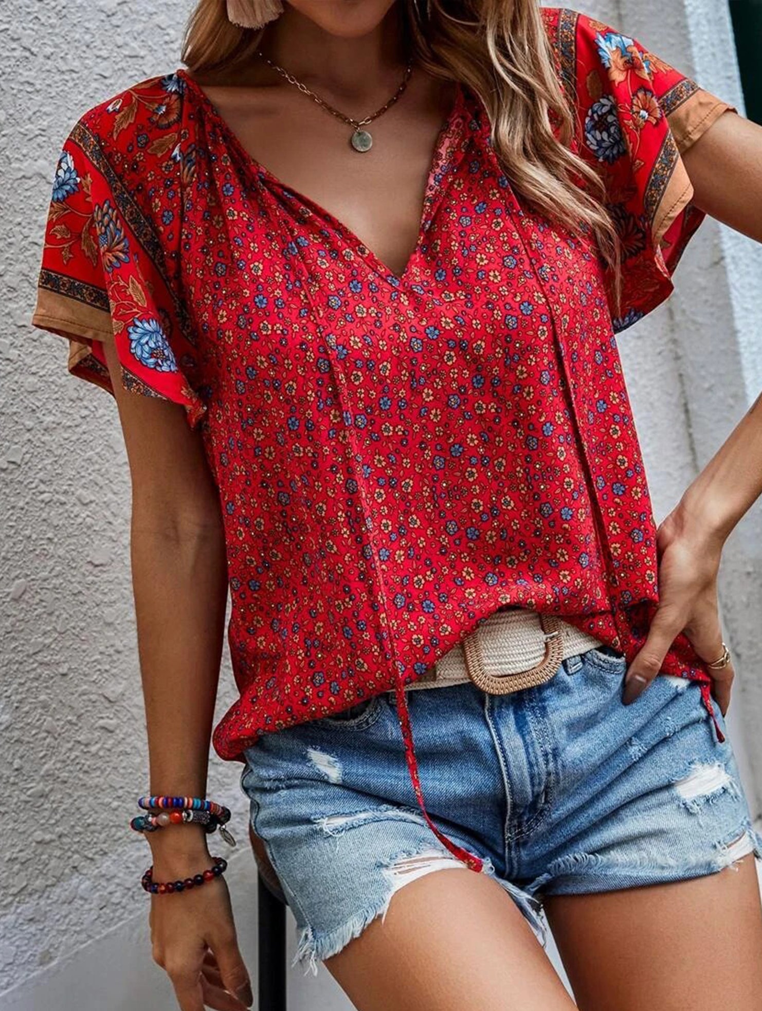 Casual Ethnic Style Printed V-Neck Short-Sleeve Loose shirt