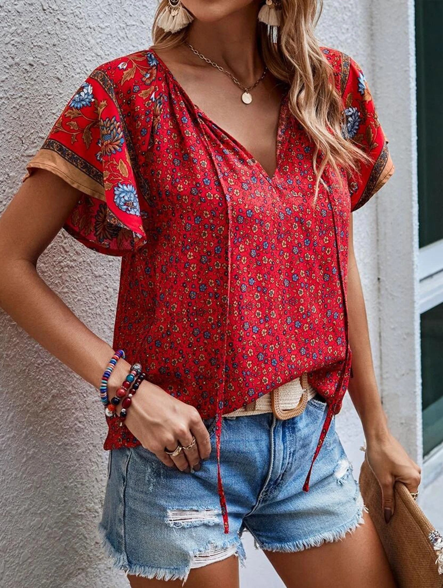 Casual Ethnic Style Printed V-Neck Short-Sleeve Loose shirt