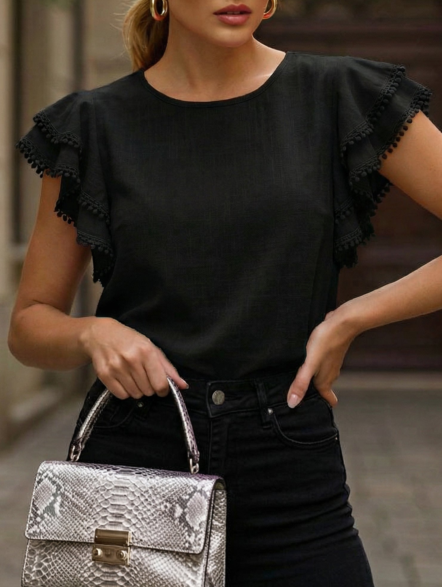 Sweet style Lotus leaf sleeves Round Neck T-shirt