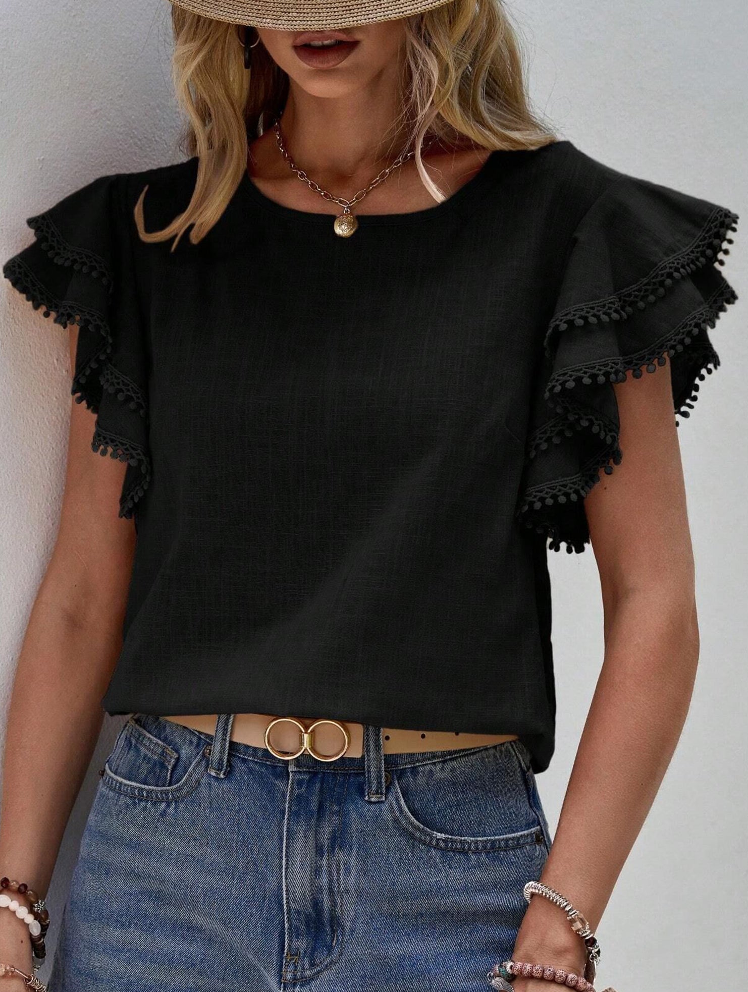 Sweet style Lotus leaf sleeves Round Neck T-shirt