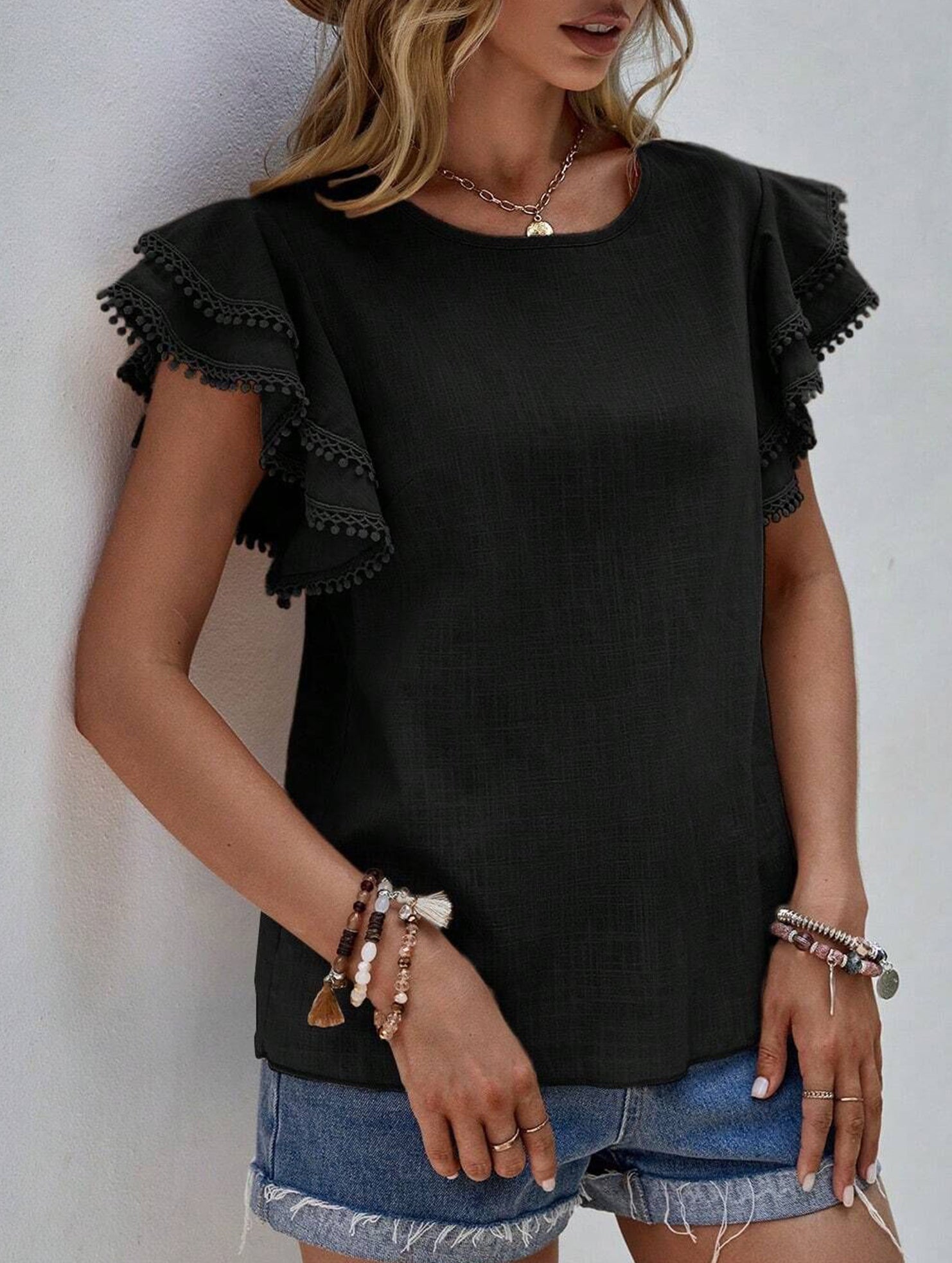 Sweet style Lotus leaf sleeves Round Neck T-shirt