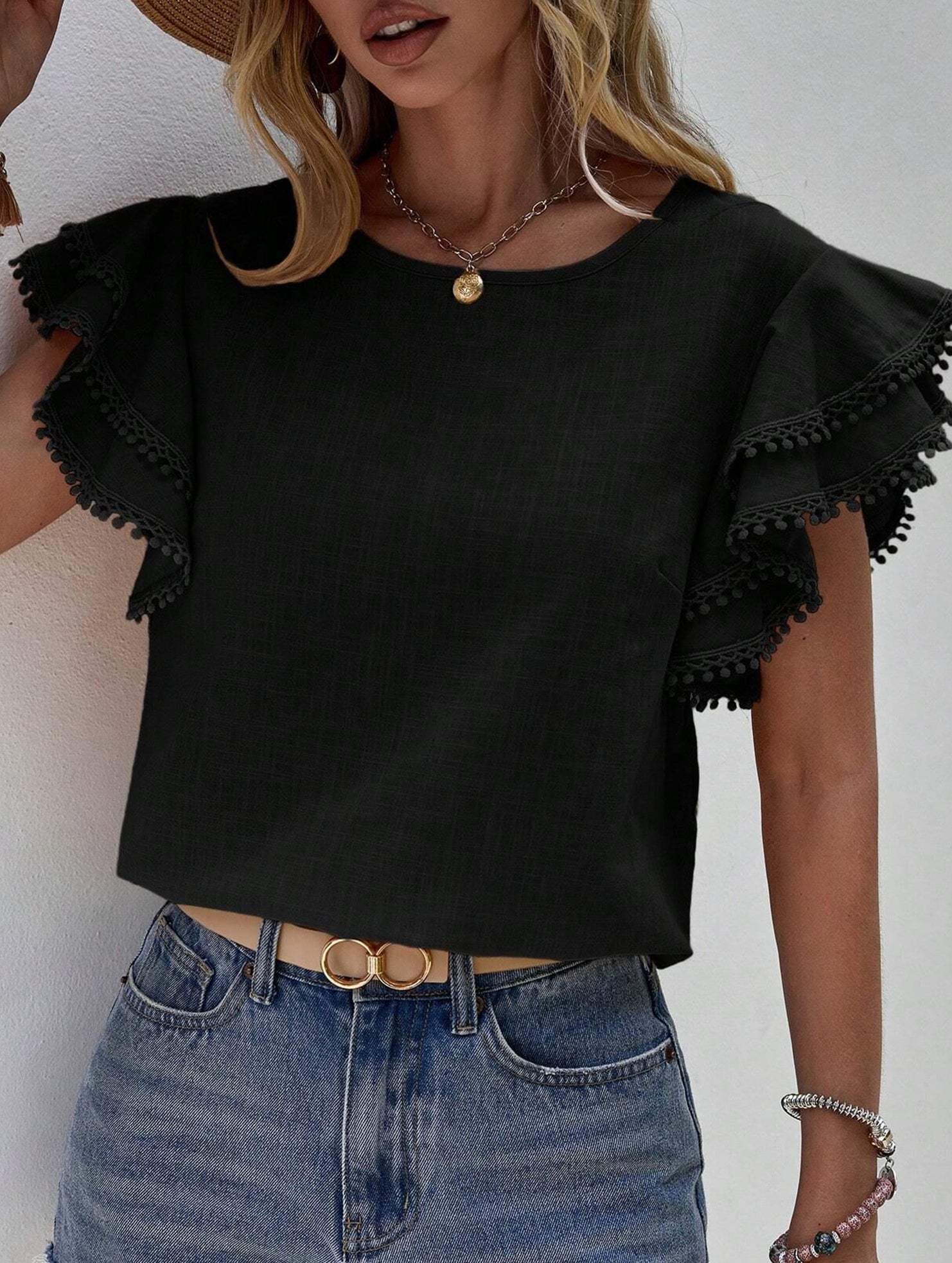 Sweet style Lotus leaf sleeves Round Neck T-shirt