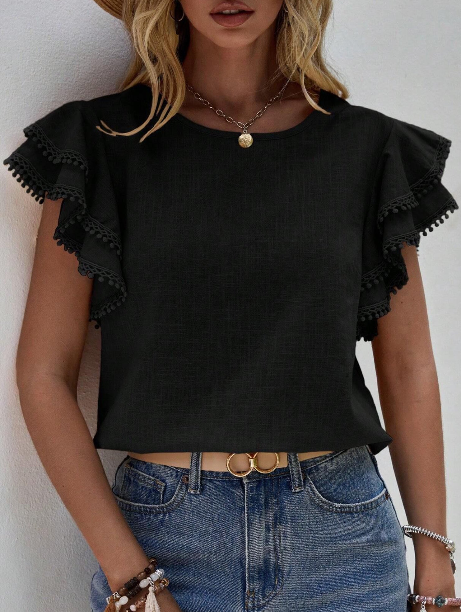 Sweet style Lotus leaf sleeves Round Neck T-shirt