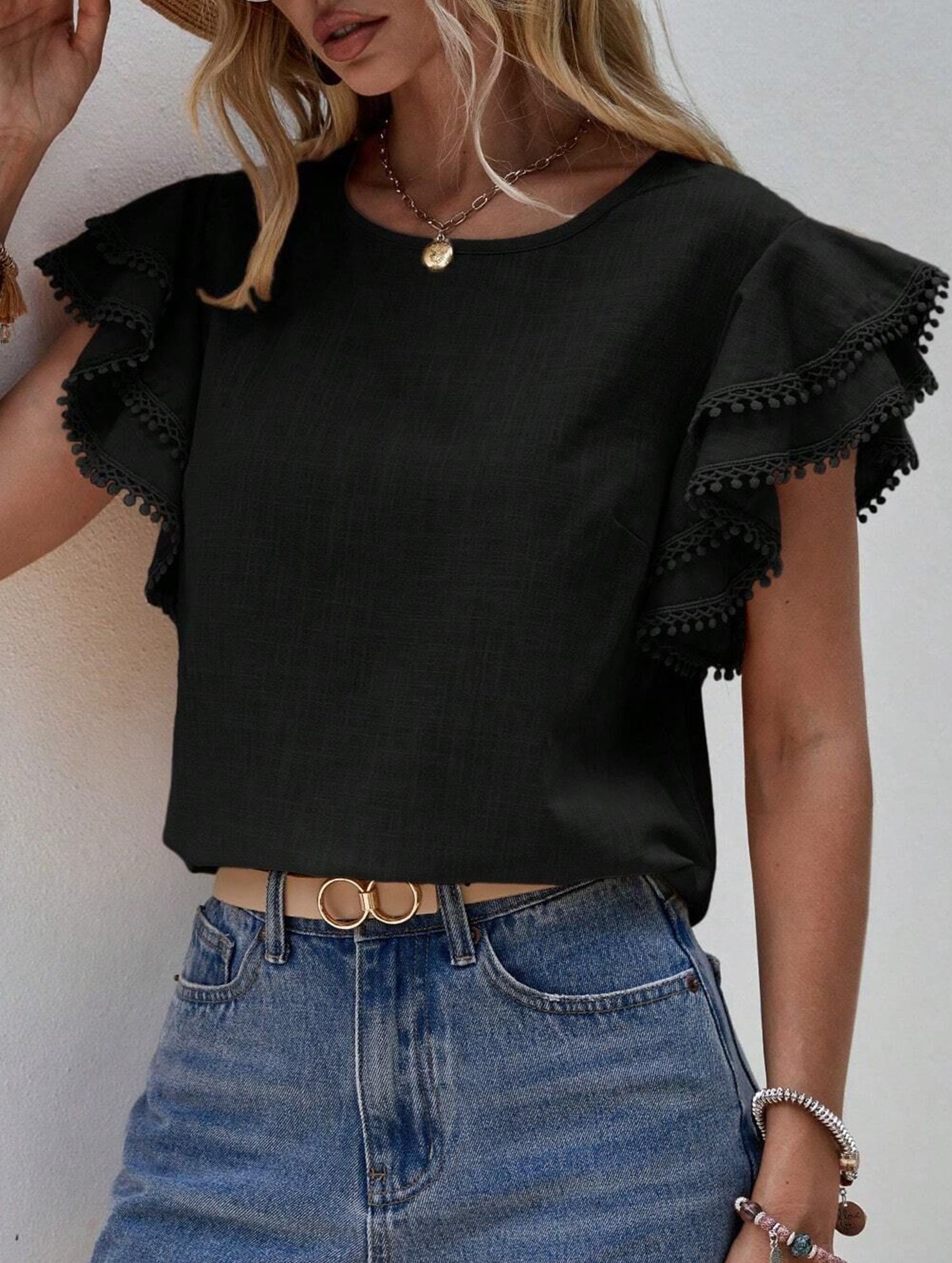 Sweet style Lotus leaf sleeves Round Neck T-shirt