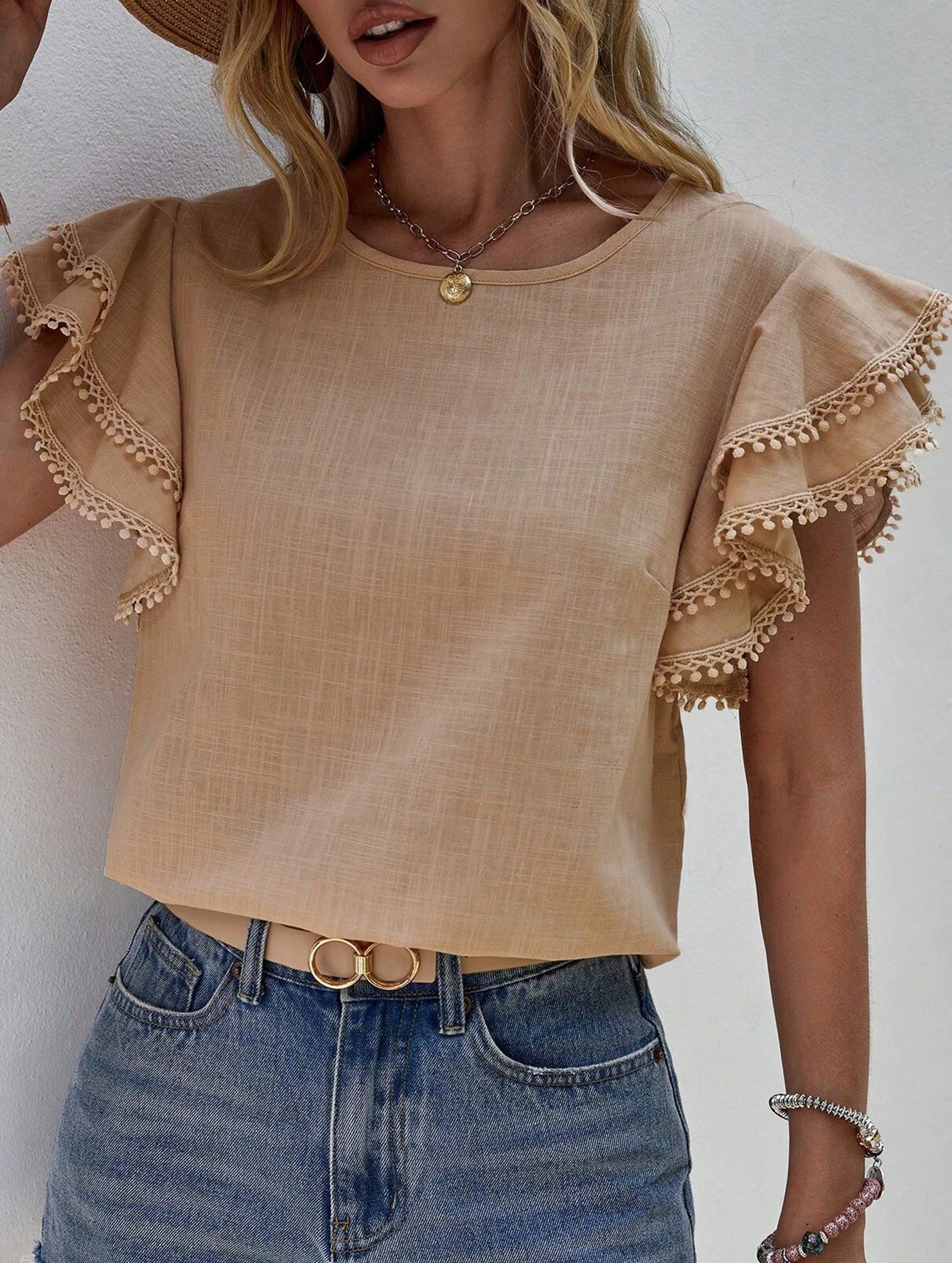 Sweet style Lotus leaf sleeves Round Neck T-shirt