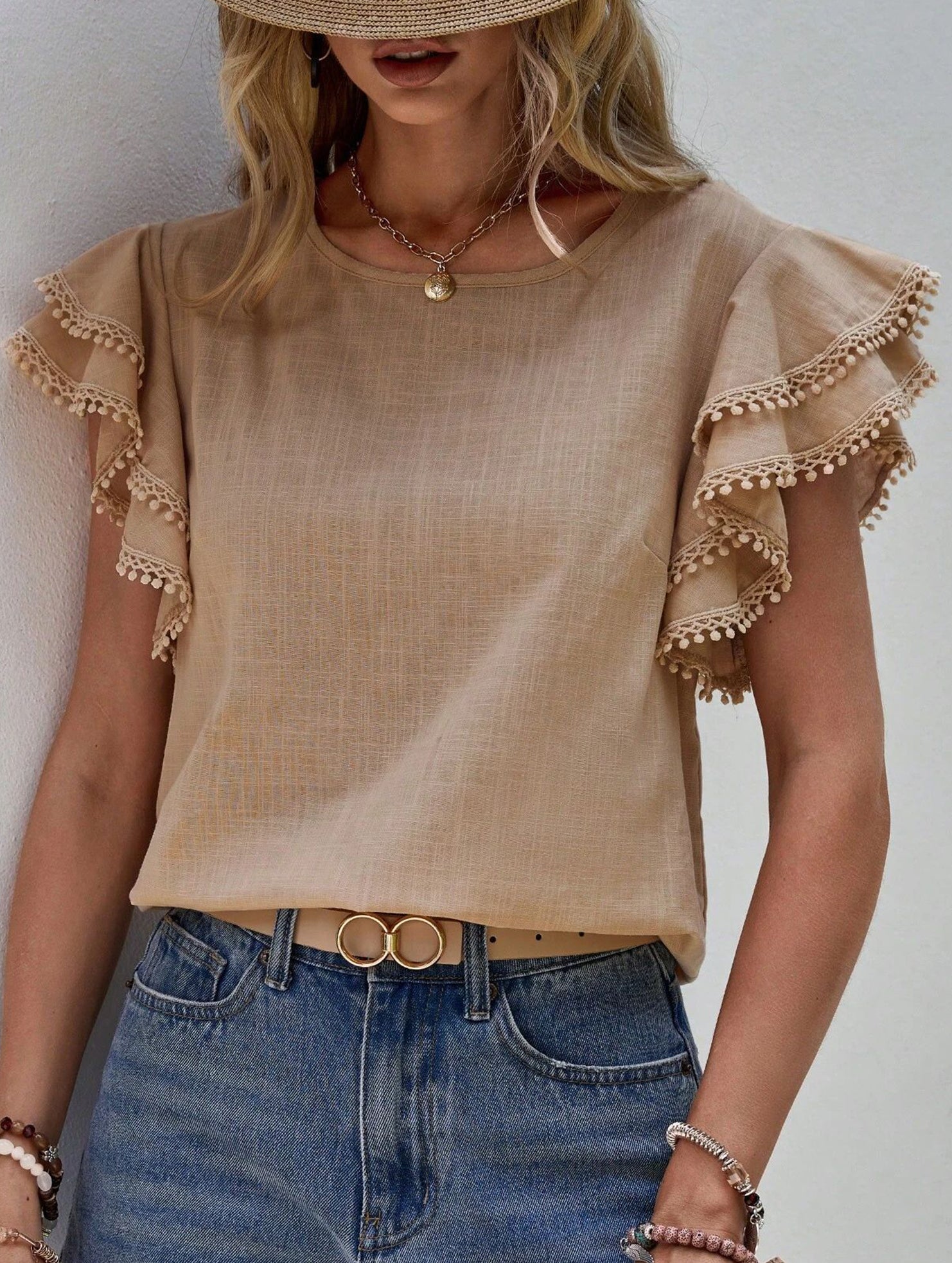 Sweet style Lotus leaf sleeves Round Neck T-shirt