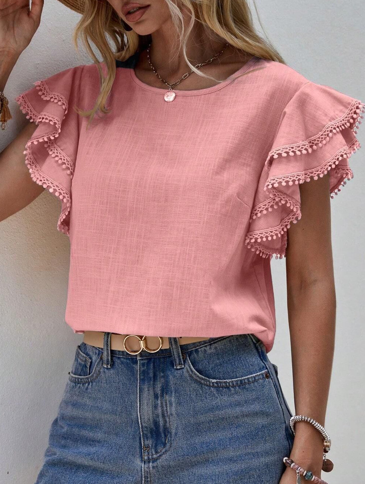 Sweet style Lotus leaf sleeves Round Neck T-shirt