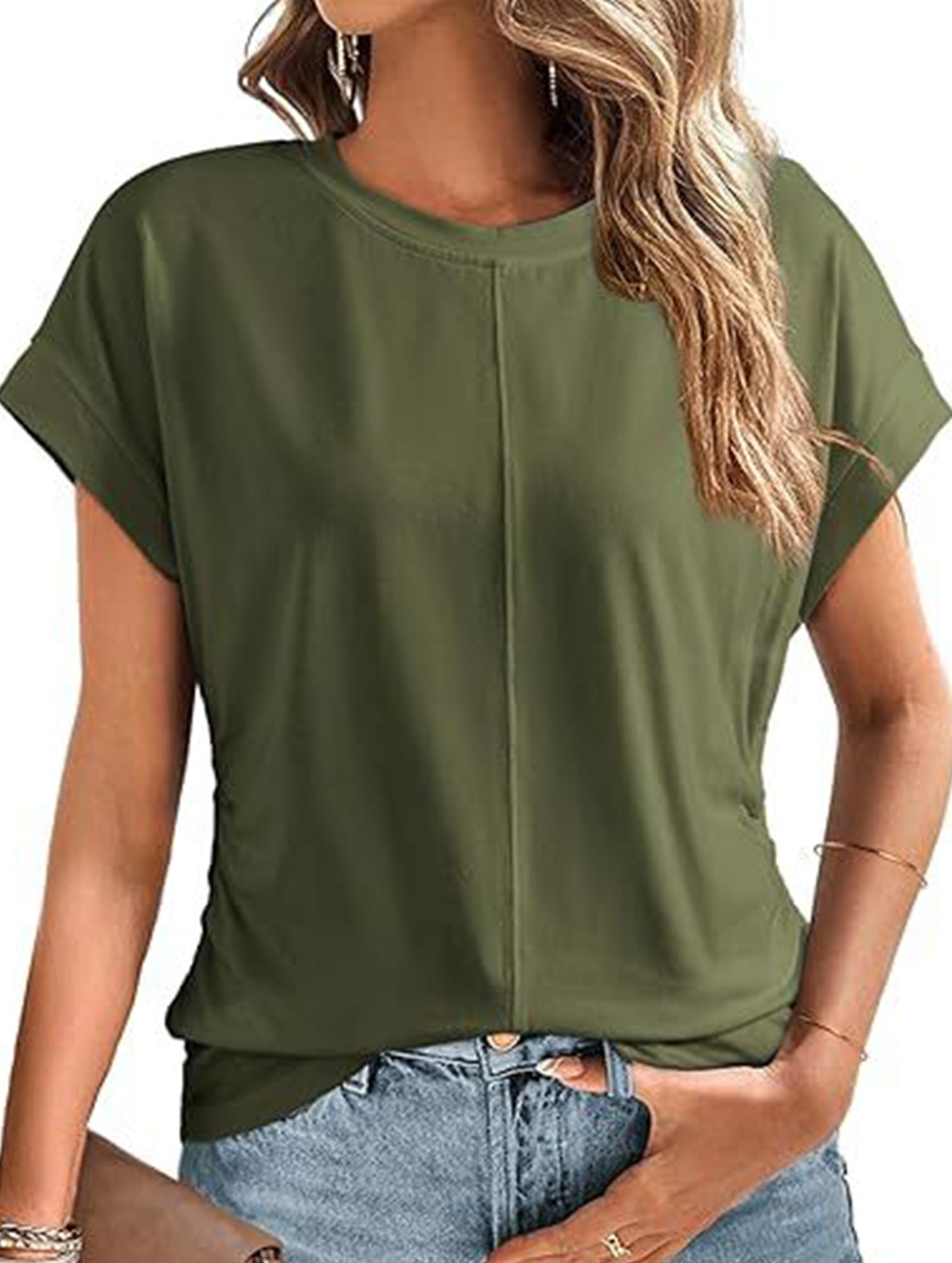 Stylish side pleated shoulder short sleeve shirt