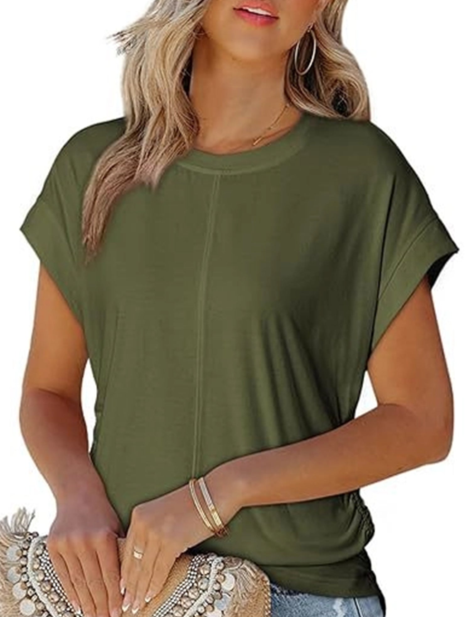 Stylish side pleated shoulder short sleeve shirt
