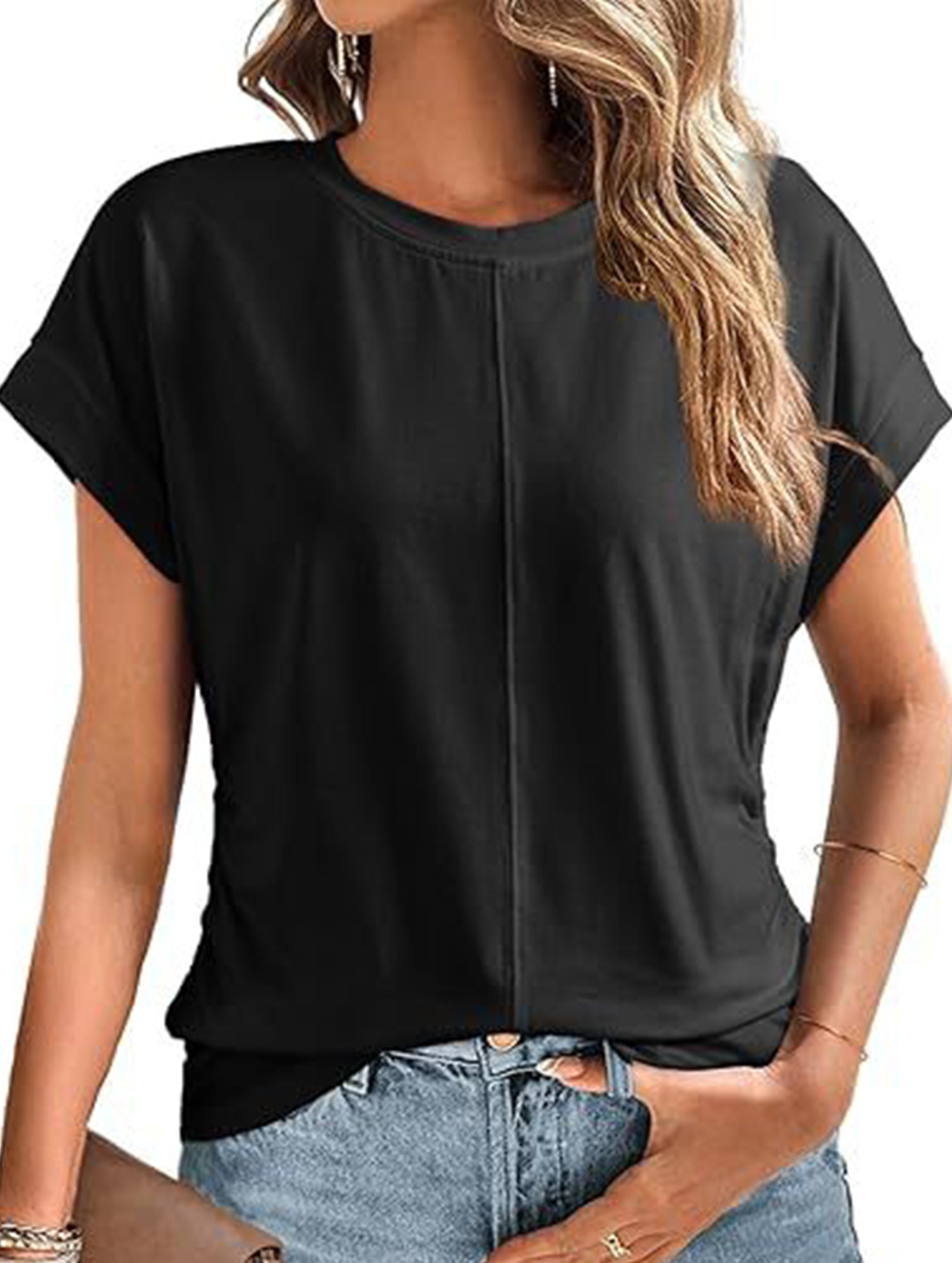 Stylish side pleated shoulder short sleeve shirt