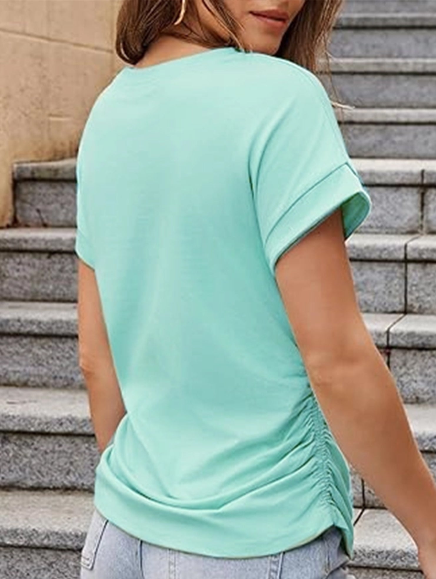 Stylish side pleated shoulder short sleeve shirt
