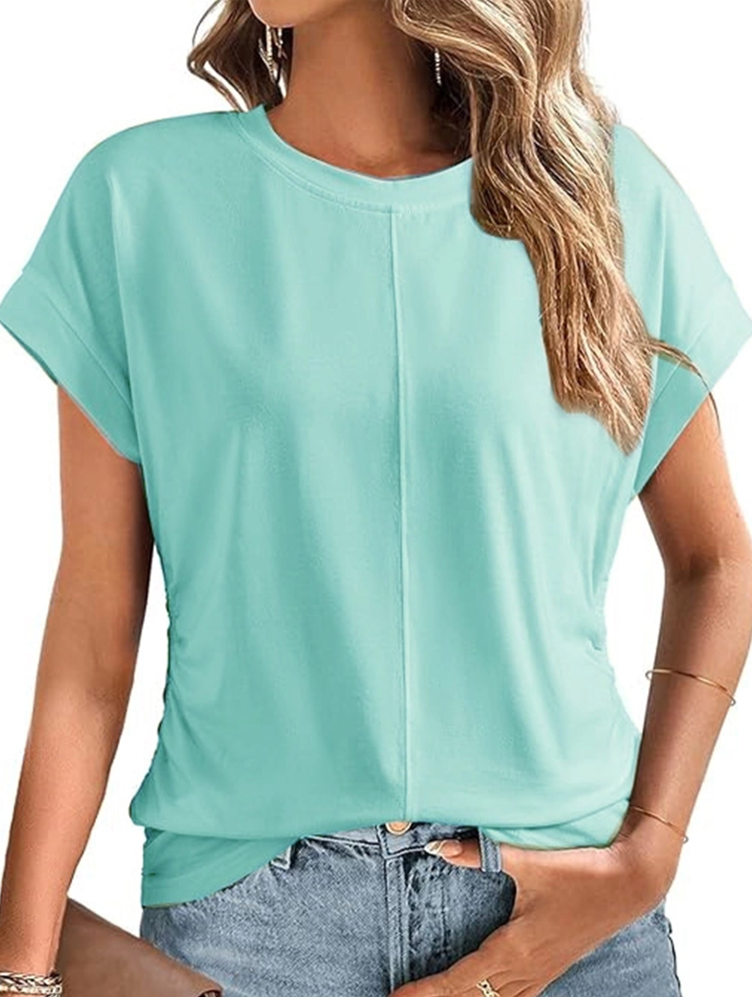Stylish side pleated shoulder short sleeve shirt