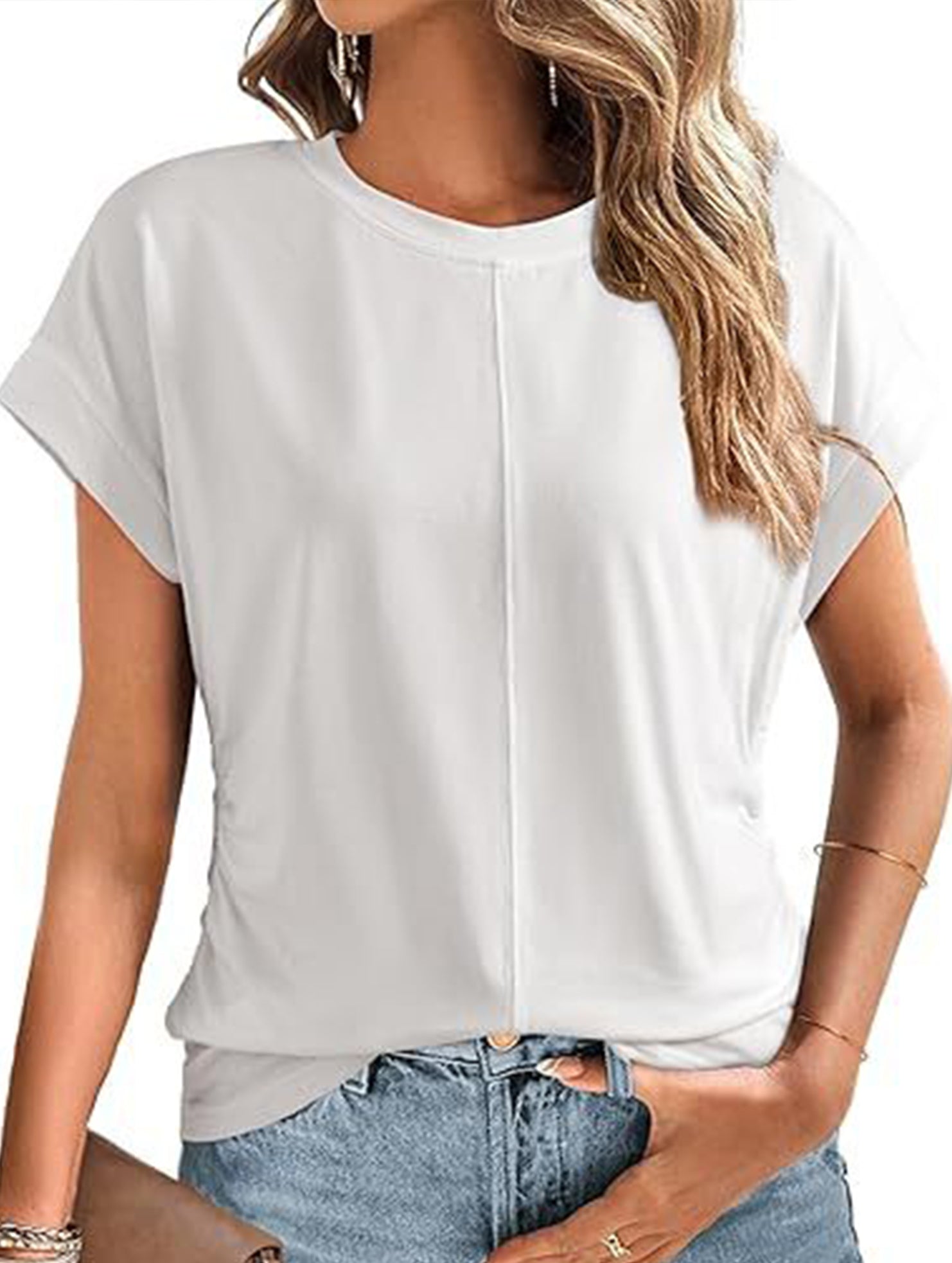 Stylish side pleated shoulder short sleeve shirt