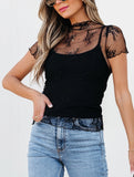 Fashion Pullover Solid Color Lace Patchwork Top ??Women?™s Stylish Stretch Knit