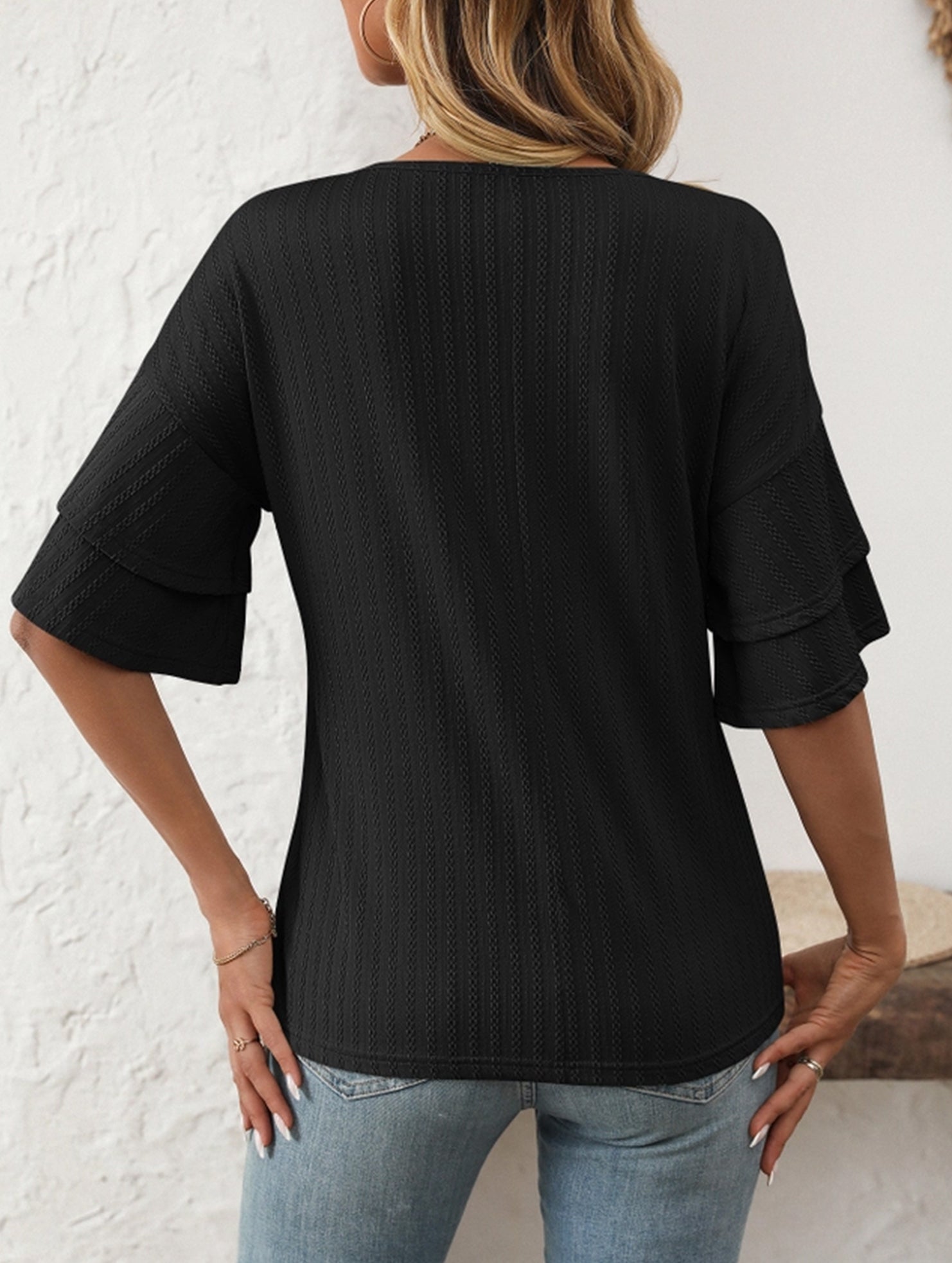 Solid Color V-Neck T-Shirt with Lotus Sleeves – Soft & Flowy, S–XXL