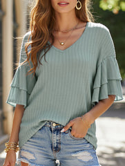 Solid Color V-Neck T-Shirt with Lotus Sleeves – Soft & Flowy, S–XXL