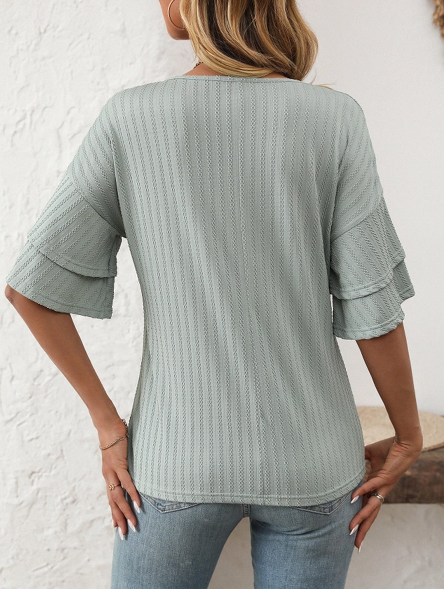 Solid Color V-Neck T-Shirt with Lotus Sleeves – Soft & Flowy, S–XXL