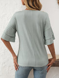 Solid Color V-Neck T-Shirt with Lotus Sleeves – Soft & Flowy, S–XXL