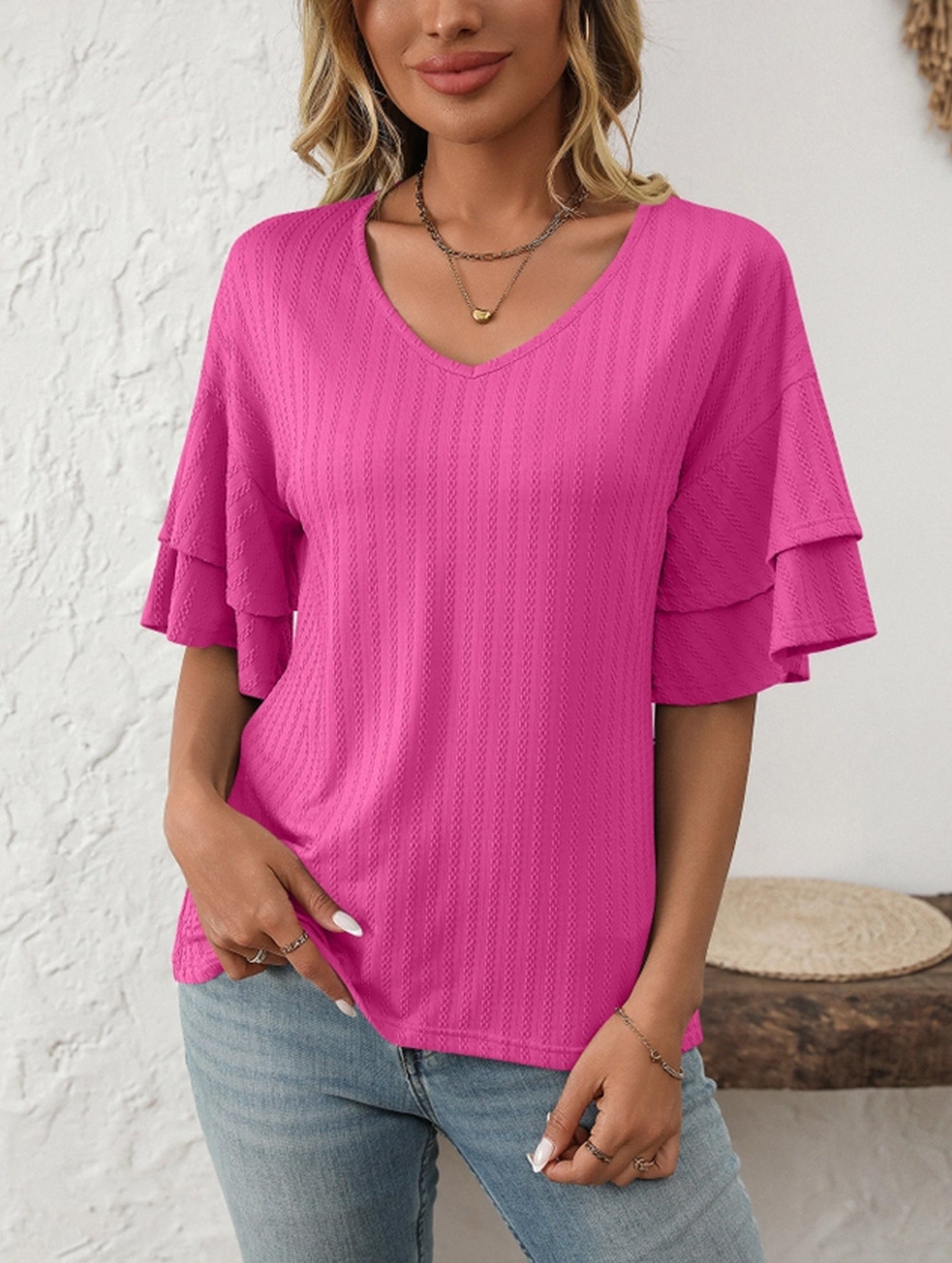 Solid Color V-Neck T-Shirt with Lotus Sleeves – Soft & Flowy, S–XXL
