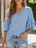 Solid Color V-Neck T-Shirt with Lotus Sleeves – Soft & Flowy, S–XXL