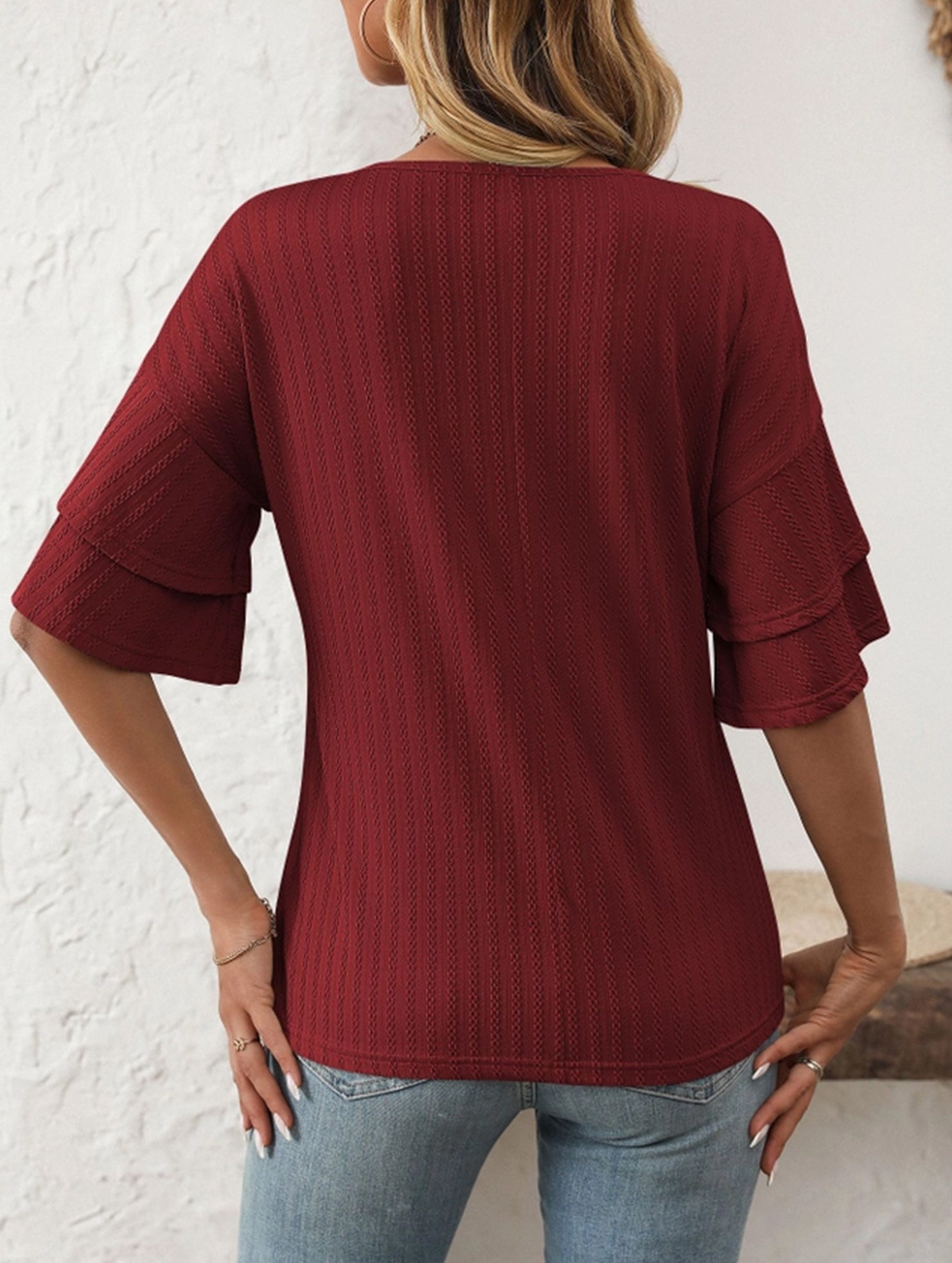 Solid Color V-Neck T-Shirt with Lotus Sleeves – Soft & Flowy, S–XXL