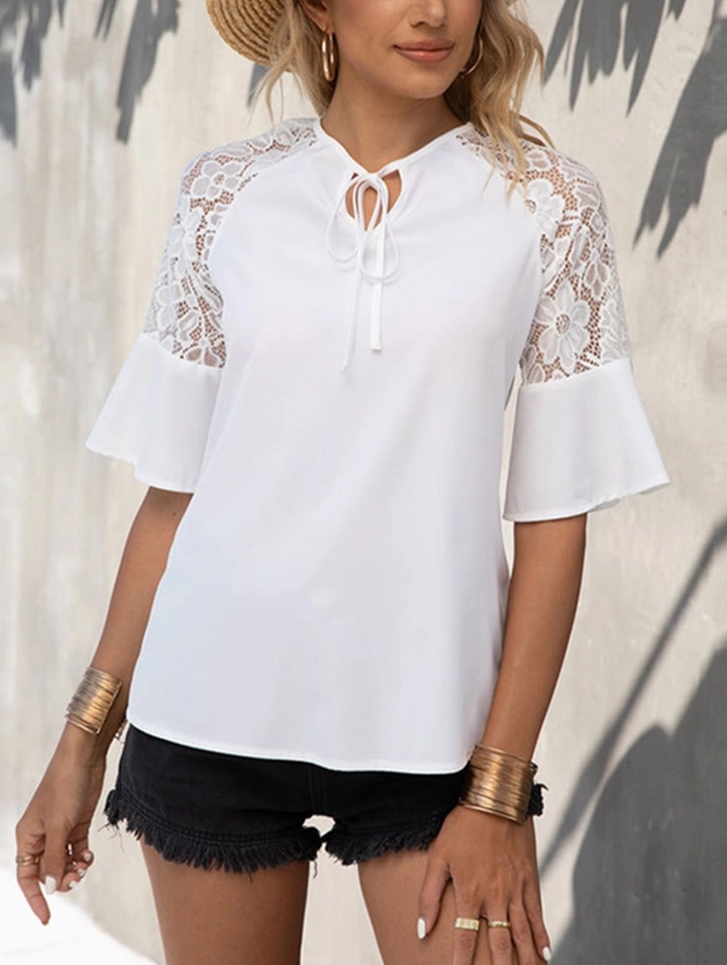 Lace Patch Tie Waist Blouse ??Adjustable Fit, XS?“XXL