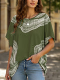 Casual Printed Bat Sleeve Top with V Neck and Loose Fit