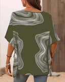 Casual Printed Bat Sleeve Top with V Neck and Loose Fit