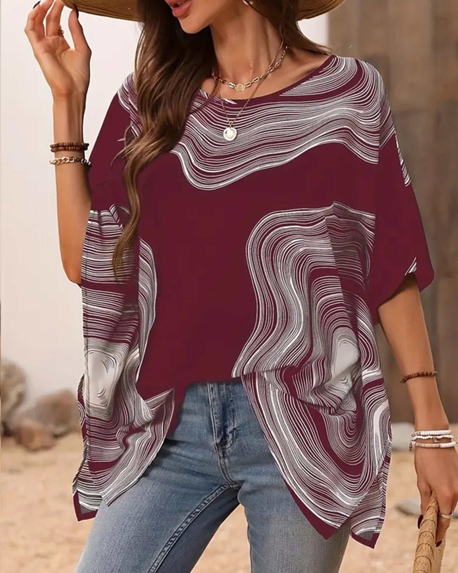 Casual Printed Bat Sleeve Top with V Neck and Loose Fit
