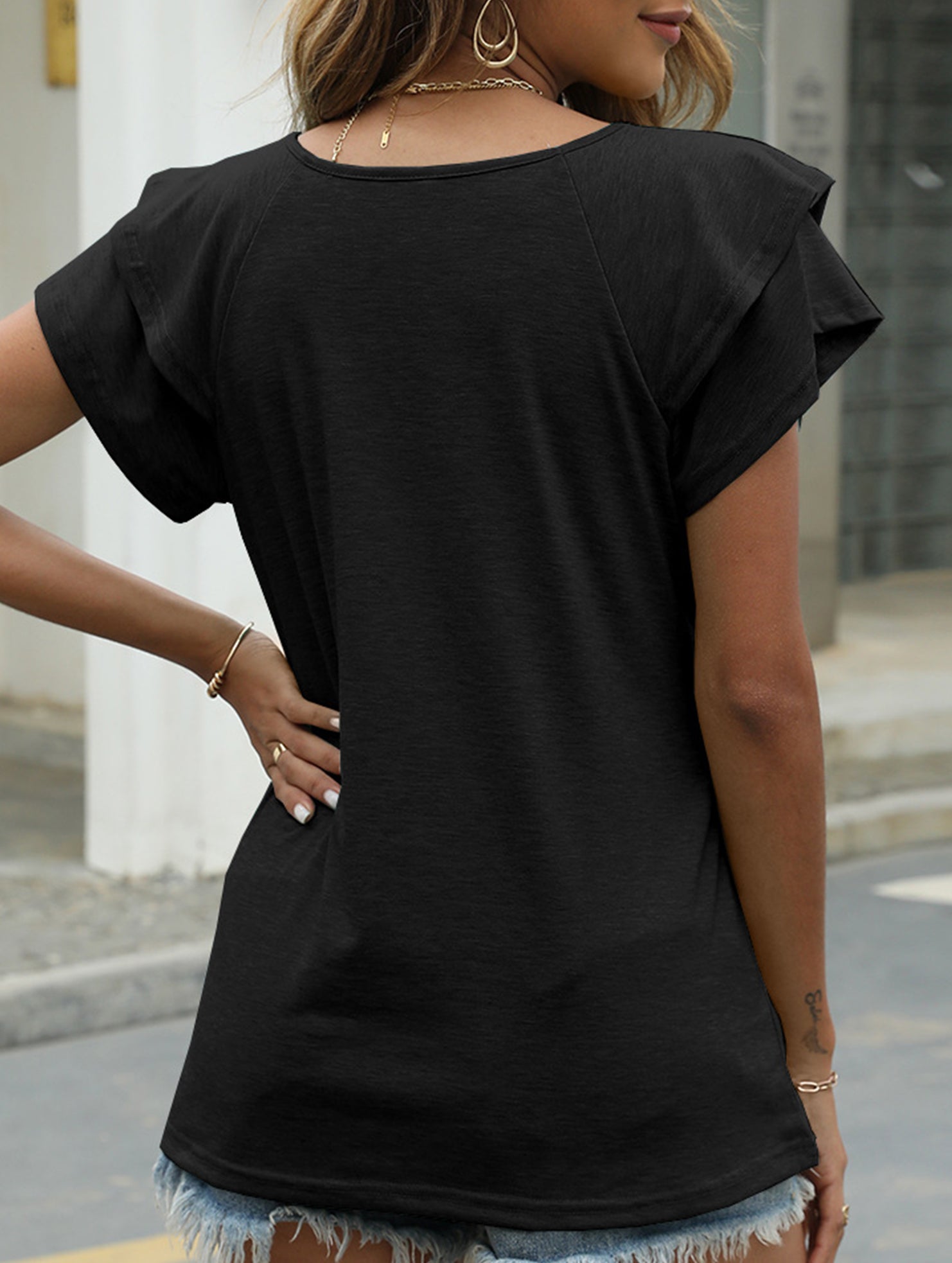 solid color V-neck double layer ruffle sleeve loose top T-shirt