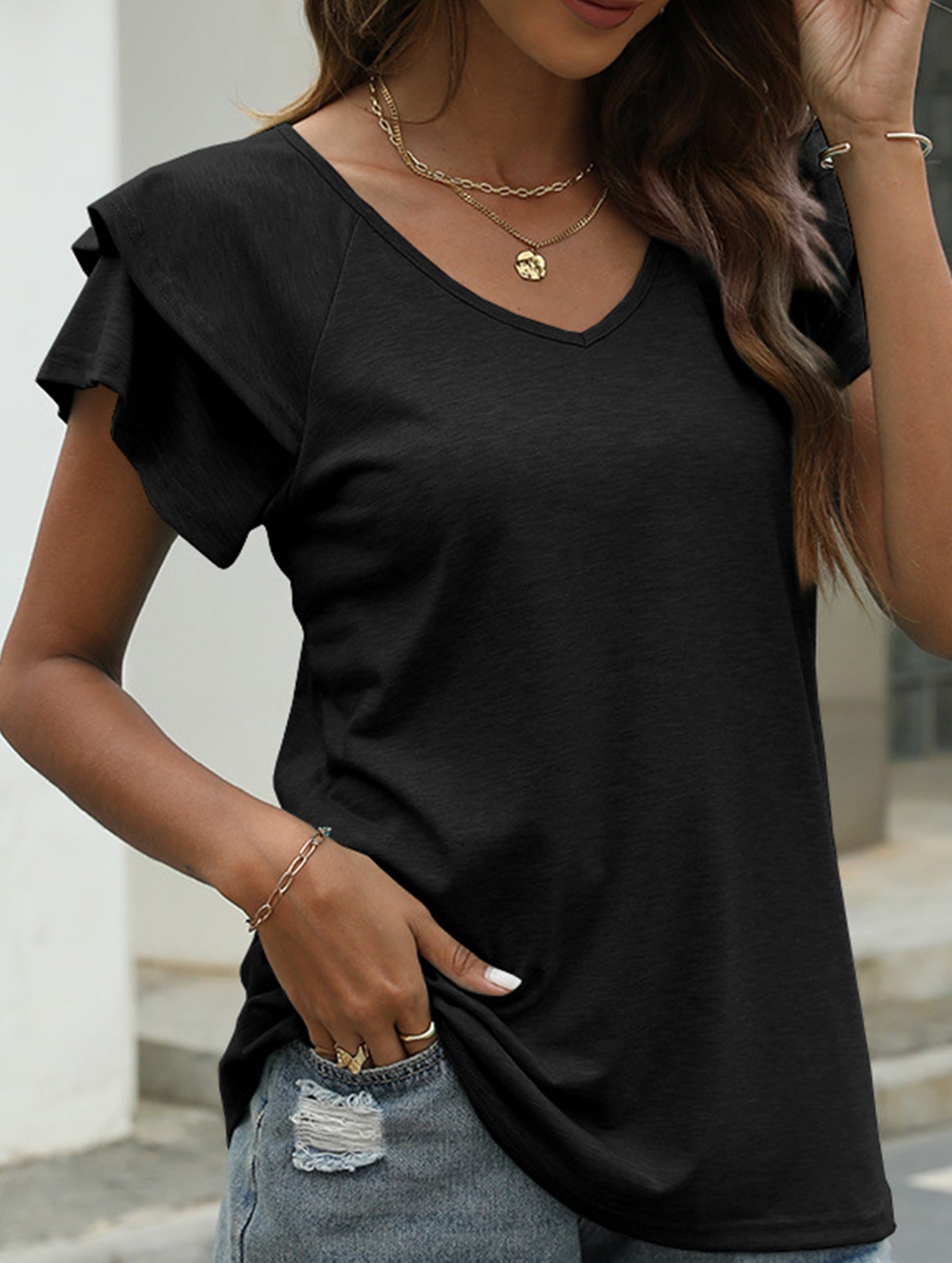 solid color V-neck double layer ruffle sleeve loose top T-shirt