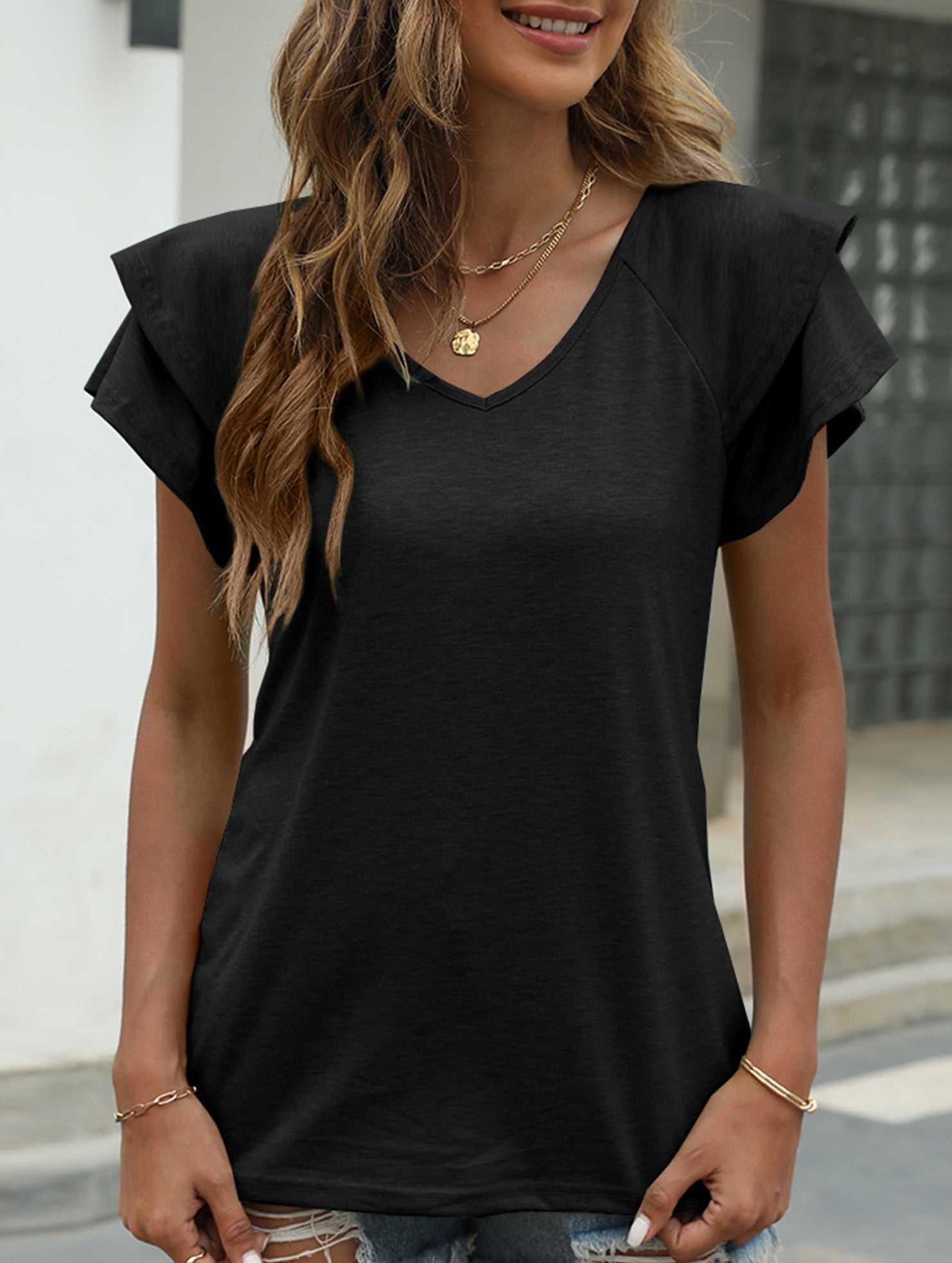 solid color V-neck double layer ruffle sleeve loose top T-shirt
