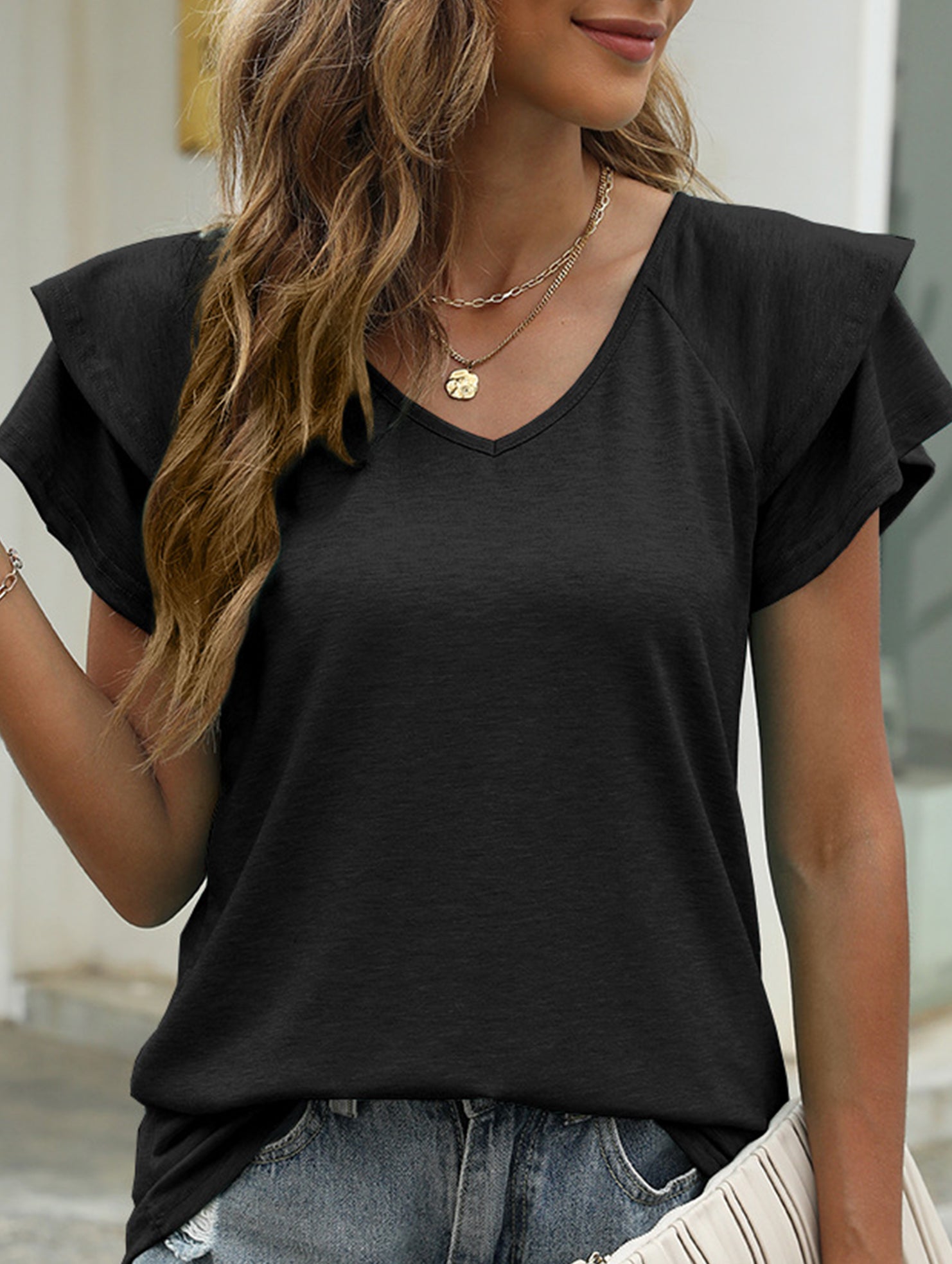 solid color V-neck double layer ruffle sleeve loose top T-shirt