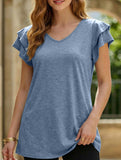 solid color V-neck double layer ruffle sleeve loose top T-shirt