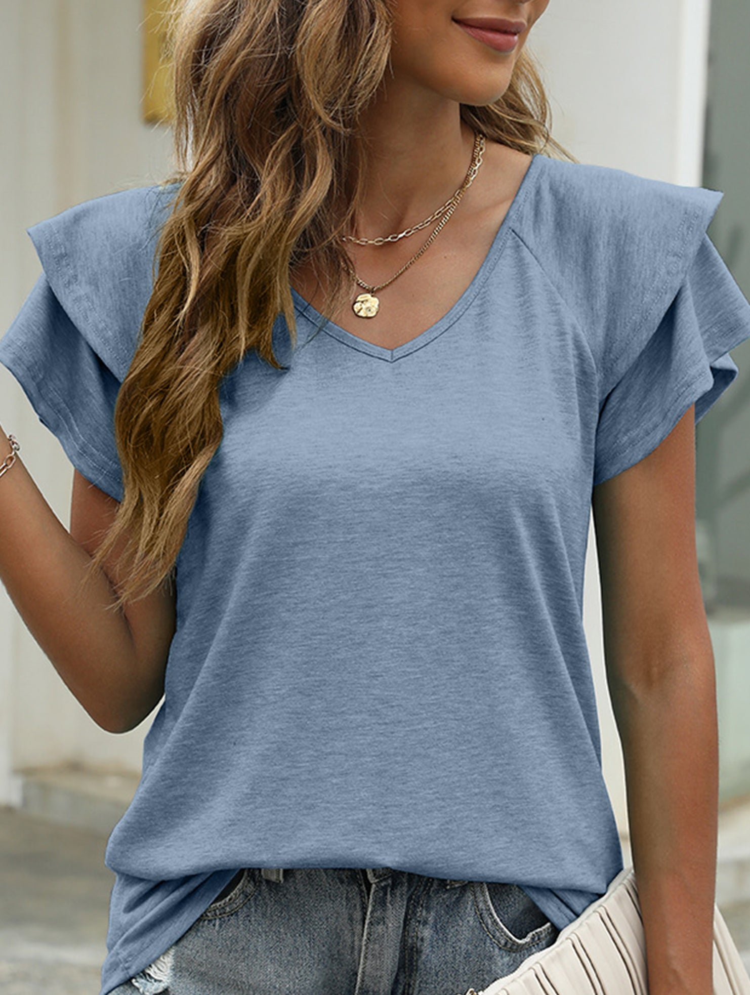 solid color V-neck double layer ruffle sleeve loose top T-shirt