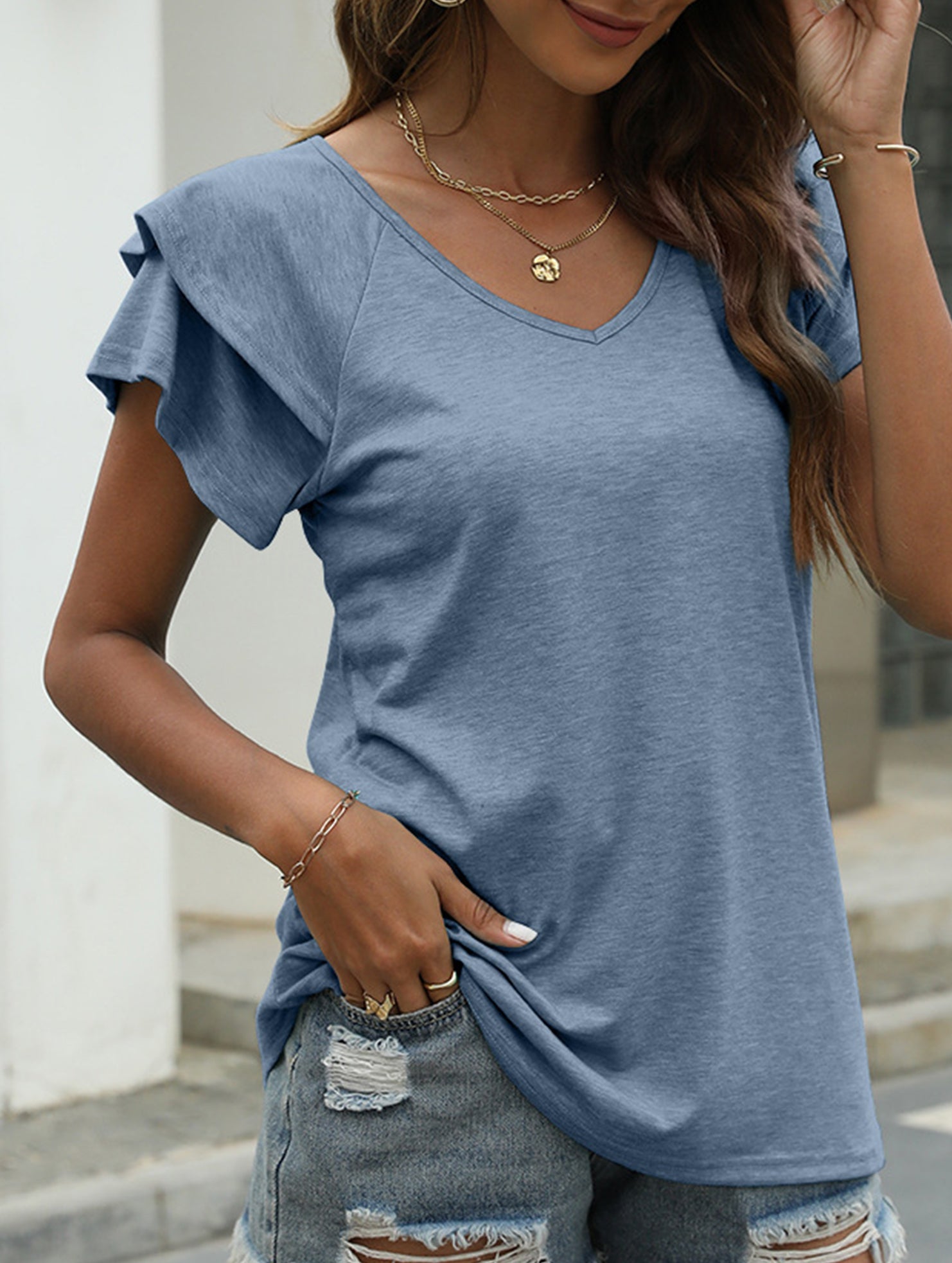 solid color V-neck double layer ruffle sleeve loose top T-shirt