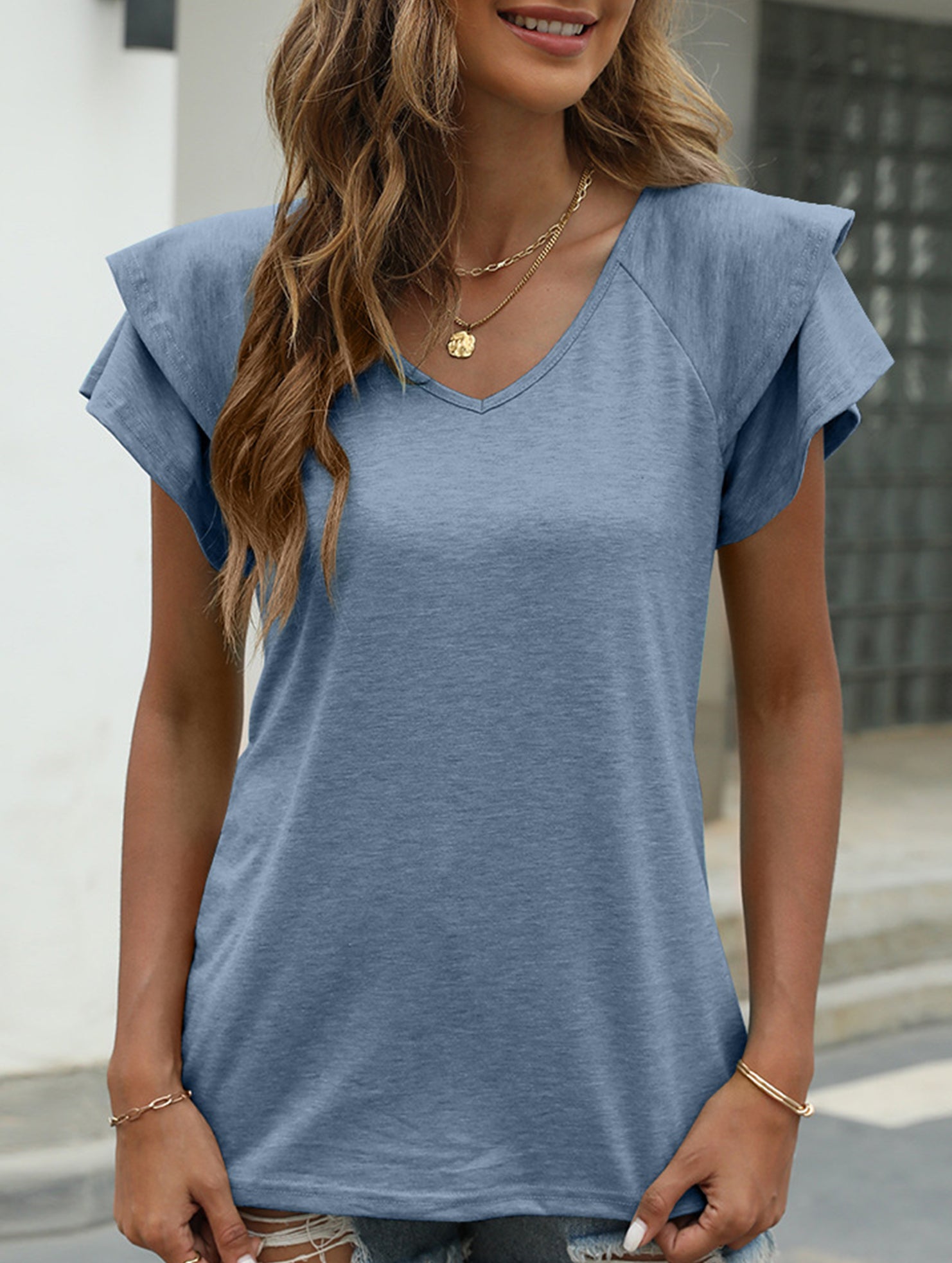 solid color V-neck double layer ruffle sleeve loose top T-shirt