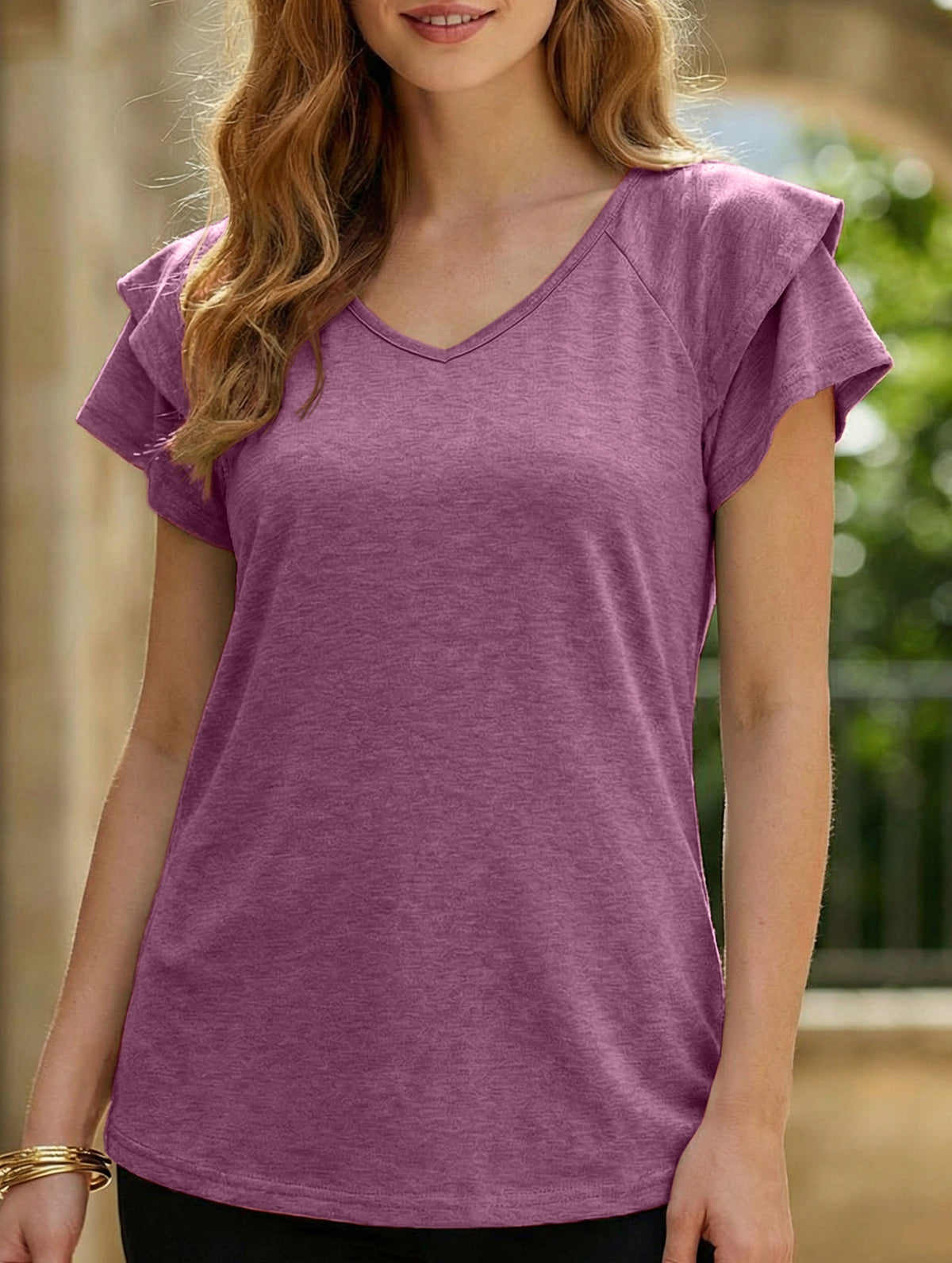 solid color V-neck double layer ruffle sleeve loose top T-shirt