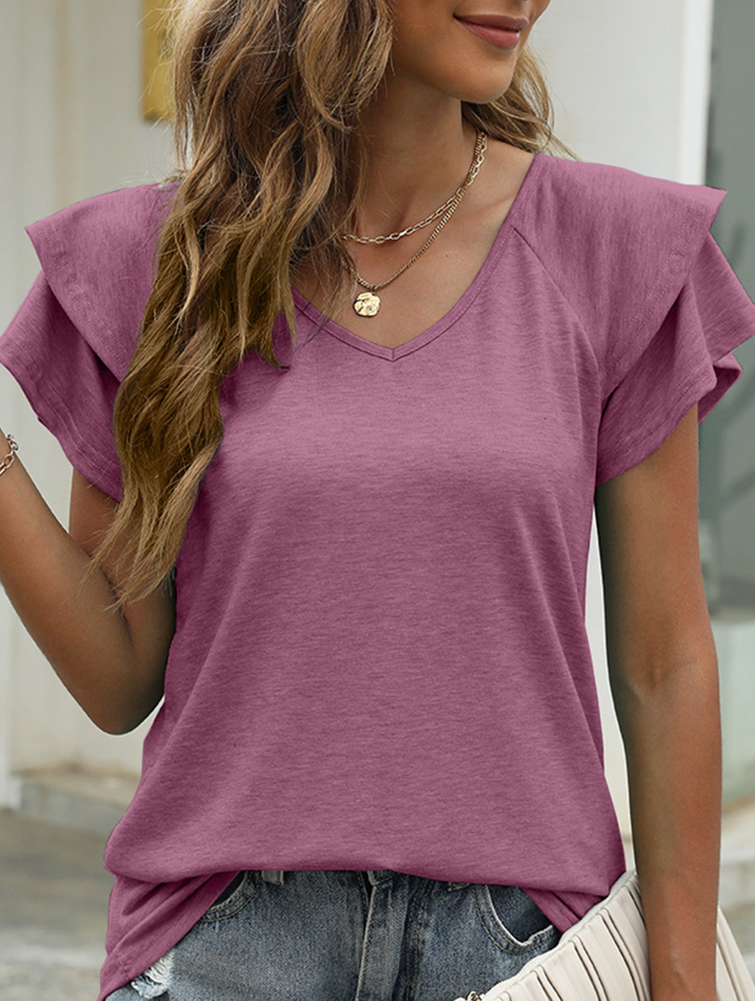 solid color V-neck double layer ruffle sleeve loose top T-shirt
