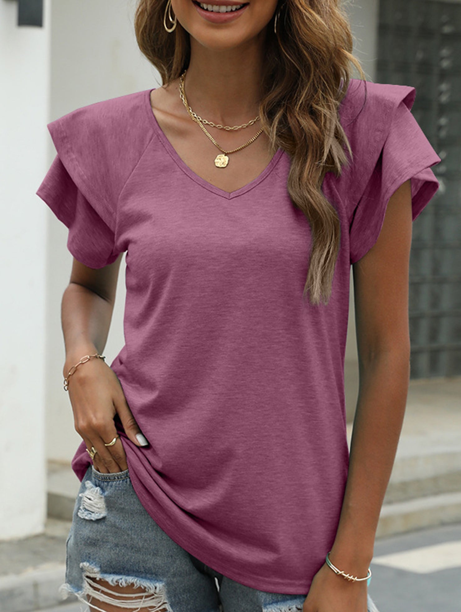 solid color V-neck double layer ruffle sleeve loose top T-shirt