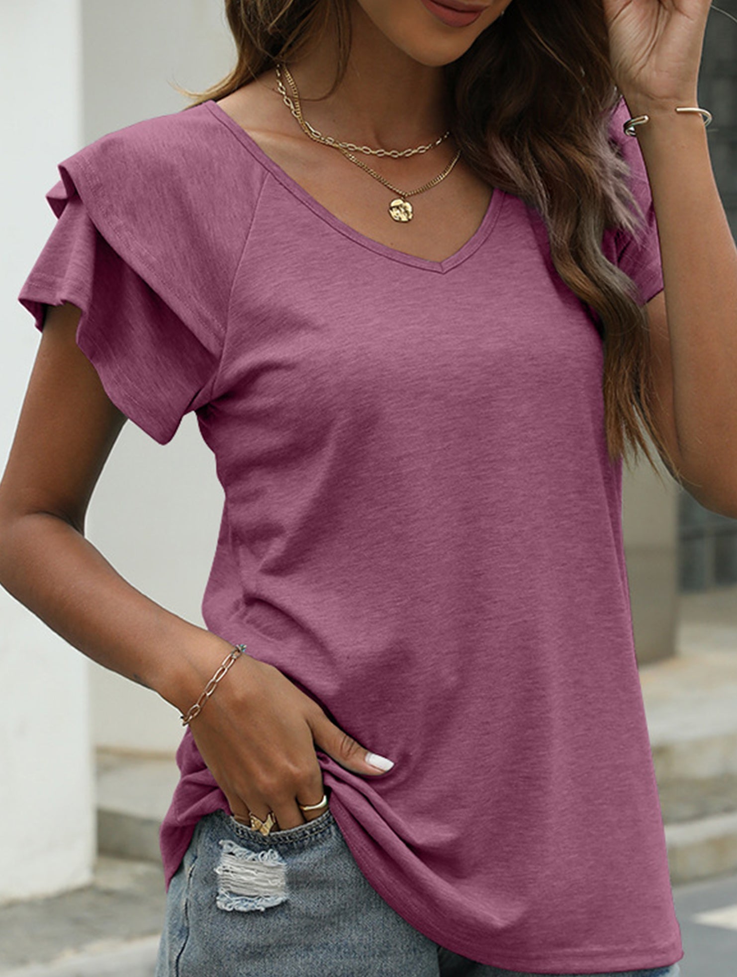 solid color V-neck double layer ruffle sleeve loose top T-shirt