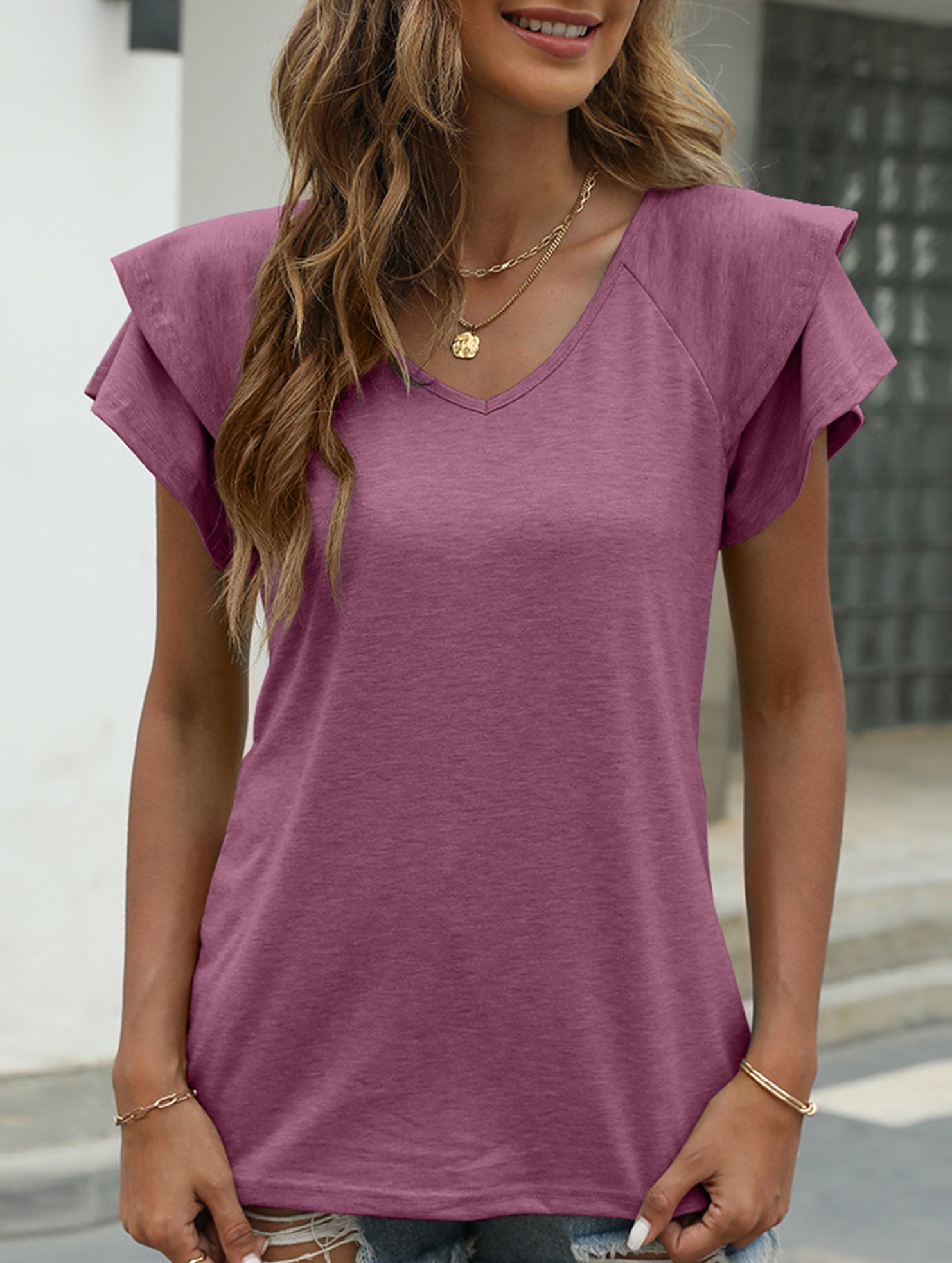 solid color V-neck double layer ruffle sleeve loose top T-shirt