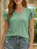 solid color V-neck double layer ruffle sleeve loose top T-shirt