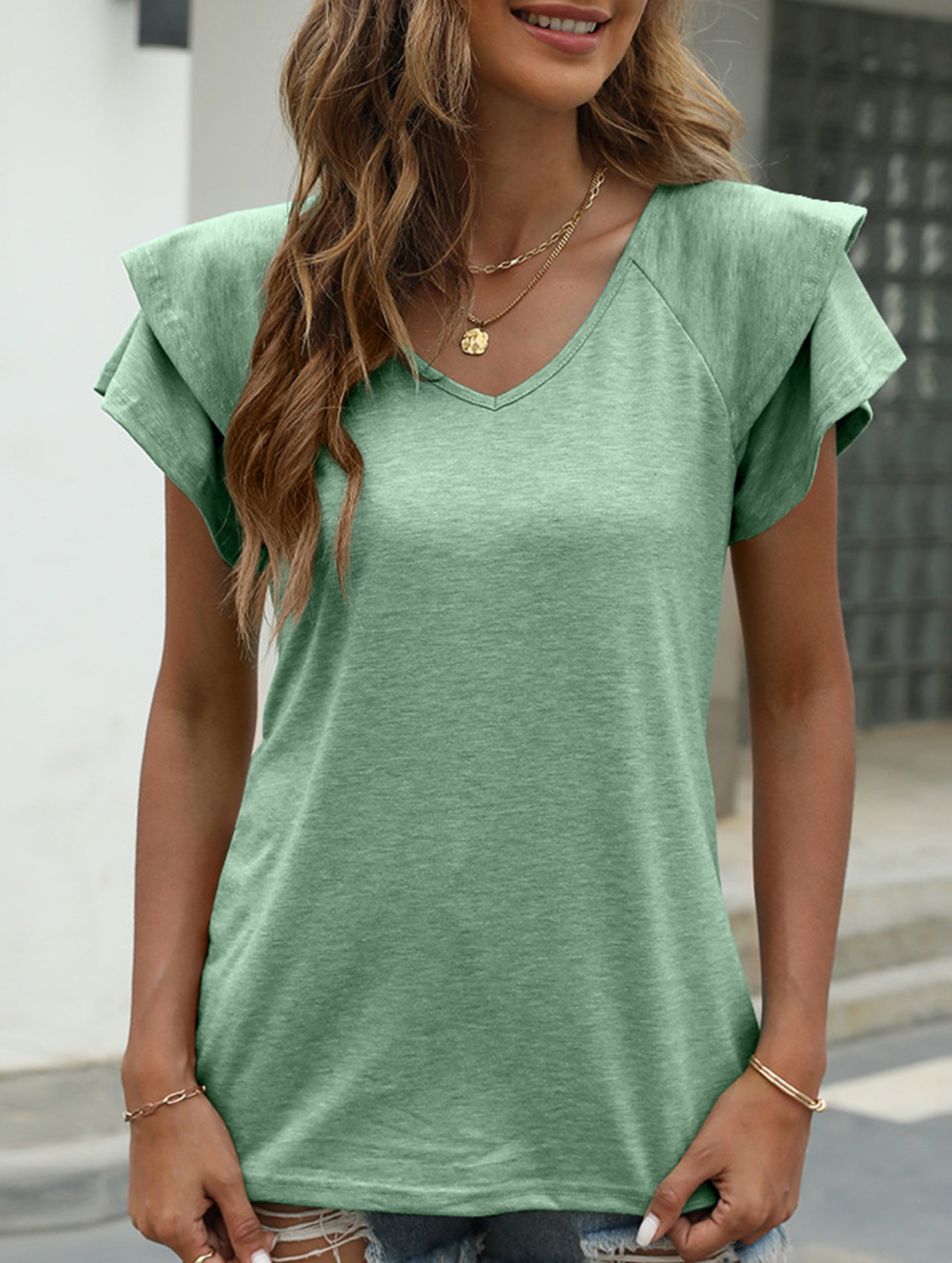 solid color V-neck double layer ruffle sleeve loose top T-shirt
