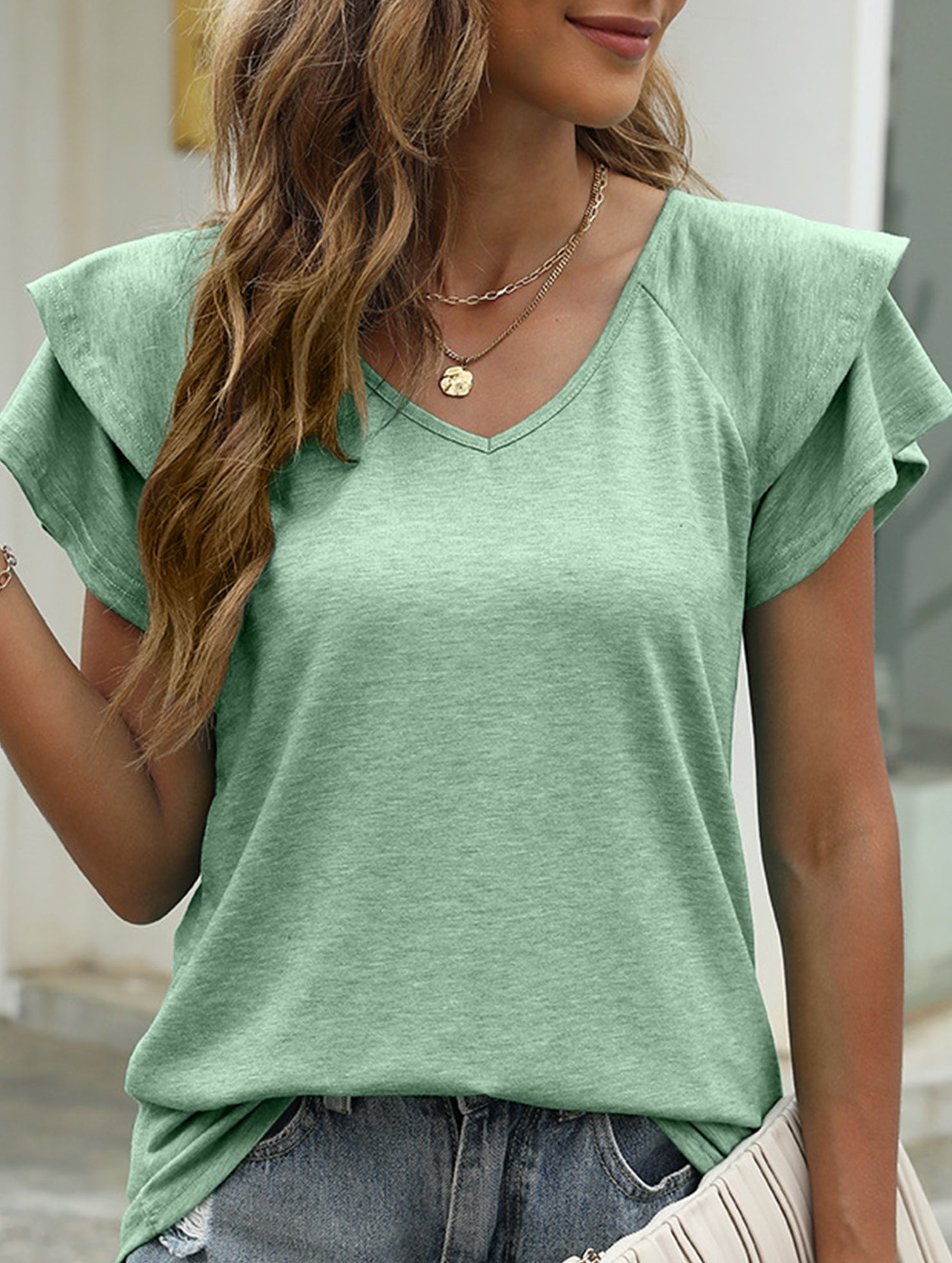 solid color V-neck double layer ruffle sleeve loose top T-shirt