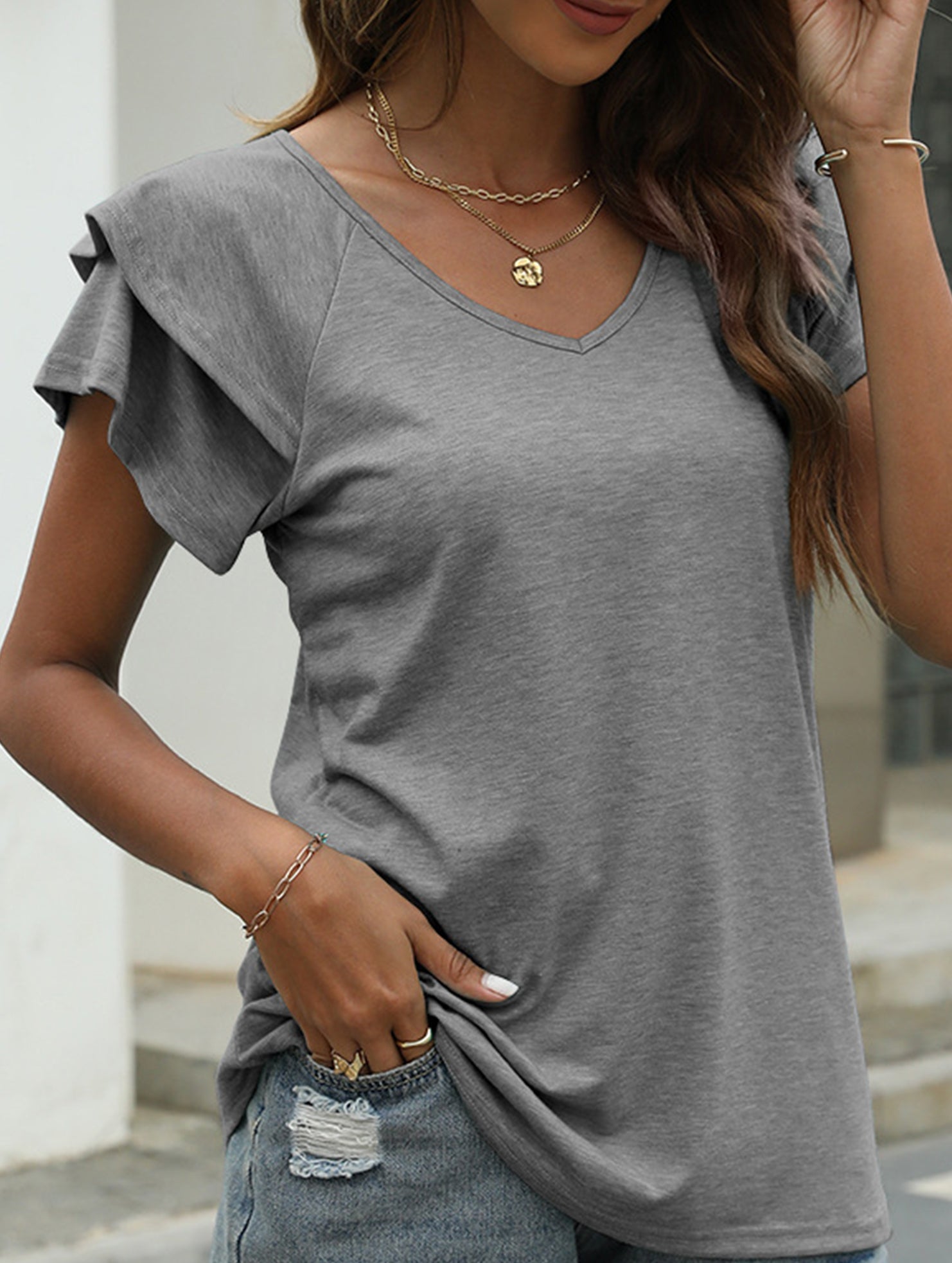 solid color V-neck double layer ruffle sleeve loose top T-shirt